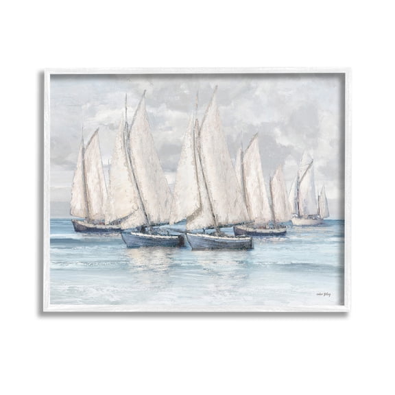 Stupell Industries Cloudy Sailboat Fleet Transportation Painting White Framed Art Print Wall Art, 14 x 11