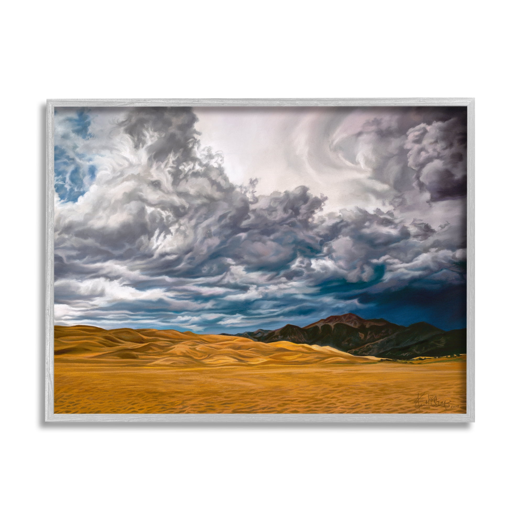 Stupell Industries Cloudy Sand Dunes Landscape Painting Gray Framed Art Print Wall Art, 20 x 16