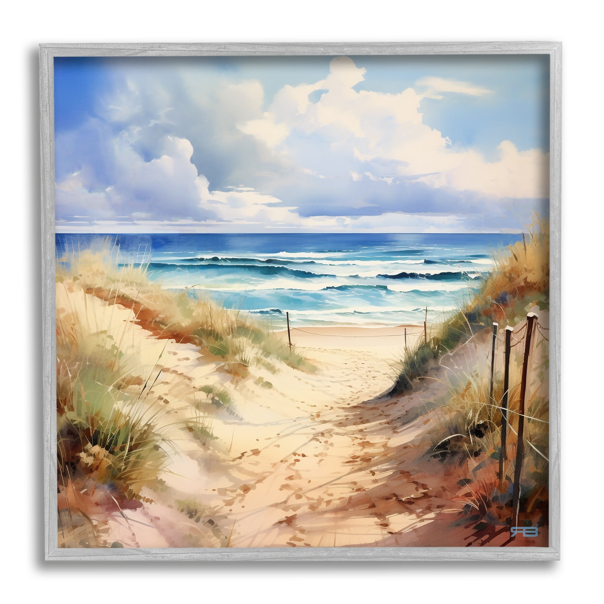 Stupell Industries Cloudy Summer Coast Landscape Painting Gray Framed Art Print Wall Art, 24 x 24