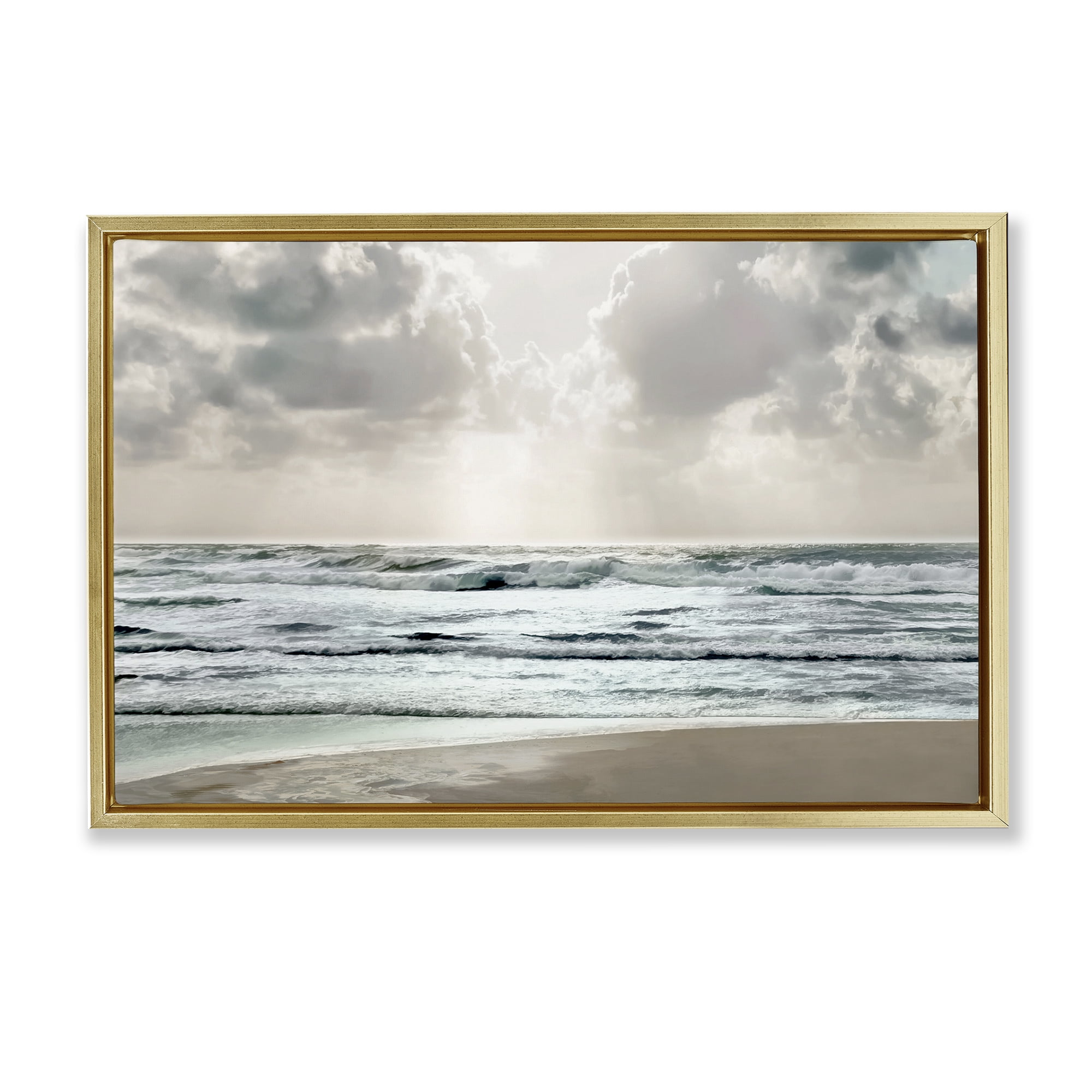 Stupell Industries Cloudy Sunlight Beach Landscape Photography Gold Floater Framed Canvas Art Print Wall Art, 31 x 21