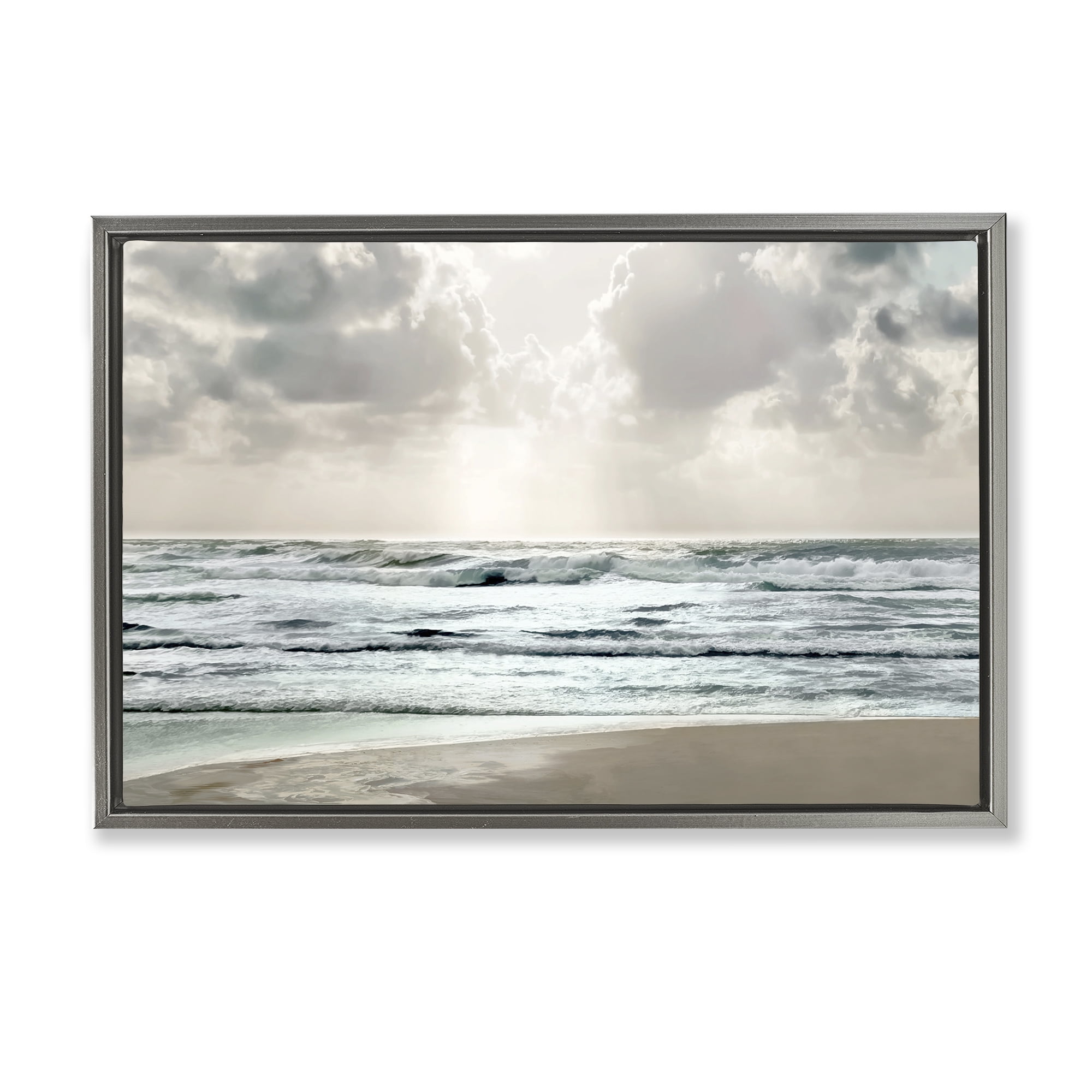 Stupell Industries Cloudy Sunlight Beach Landscape Photography Gray Floater Framed Canvas Art Print Wall Art, 31 x 21