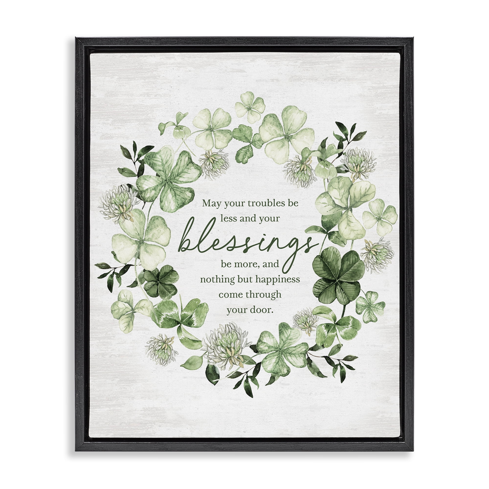 Stupell Industries Clover Wreath Blessing Botanical & Floral Painting Black Floater Framed Canvas Art Print Wall Art, 25 x 31