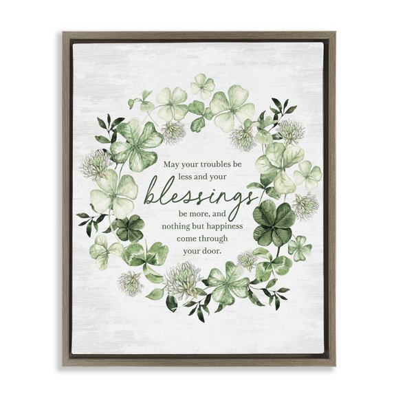Stupell Industries Clover Wreath Blessing Botanical & Floral Painting Brown Floater Framed Canvas Art Print Wall Art, 17 x 21