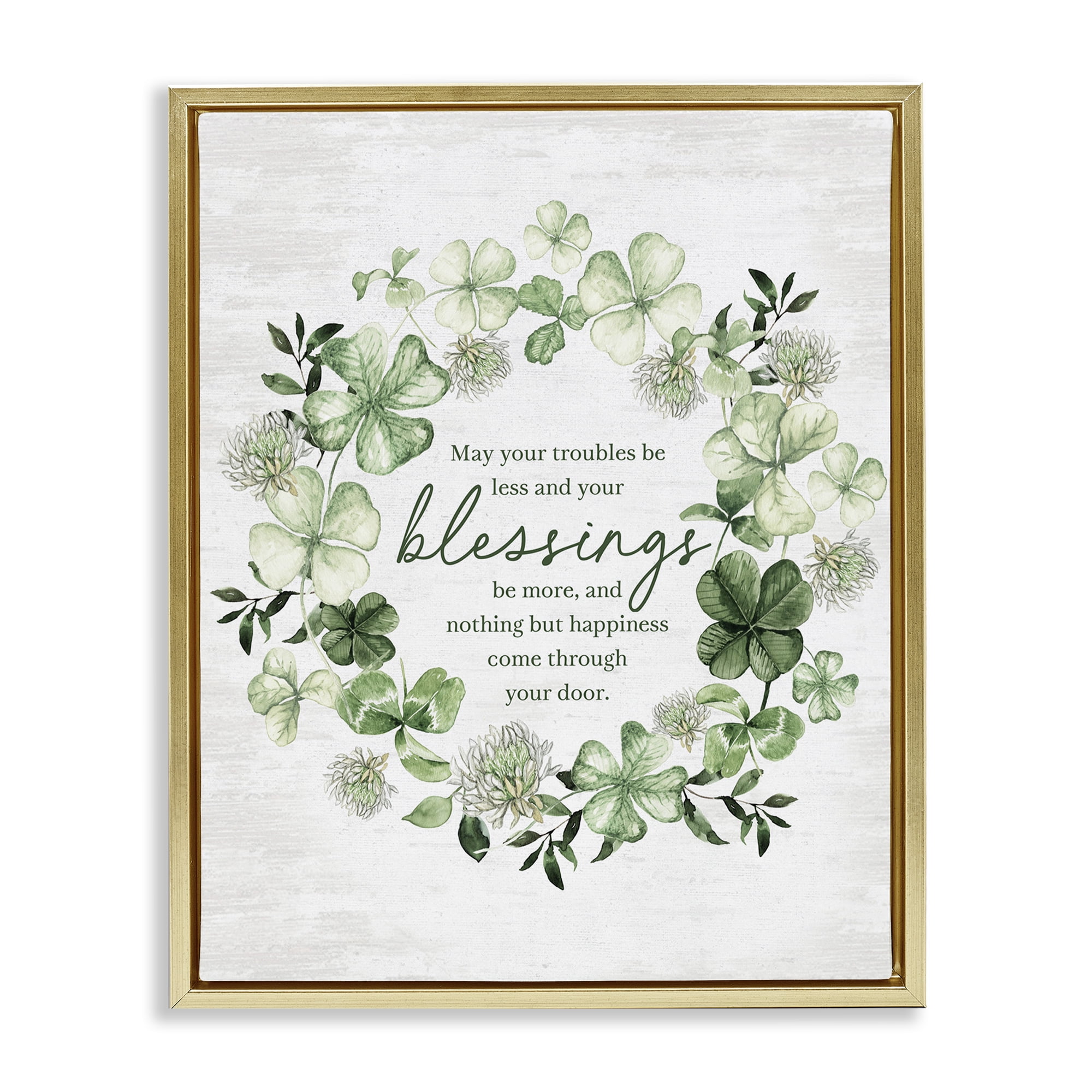 Stupell Industries Clover Wreath Blessing Botanical & Floral Painting Gold Floater Framed Canvas Art Print Wall Art, 17 x 21