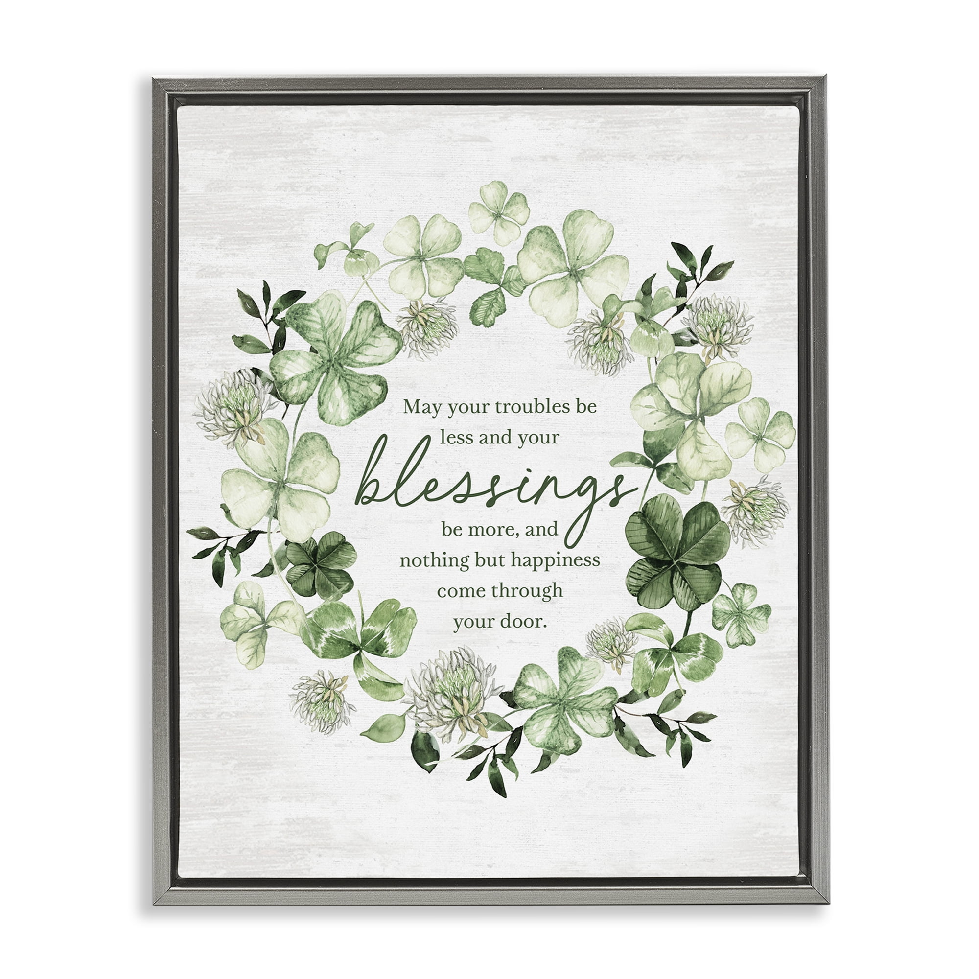 Stupell Industries Clover Wreath Blessing Botanical & Floral Painting Gray Floater Framed Canvas Art Print Wall Art, 17 x 21