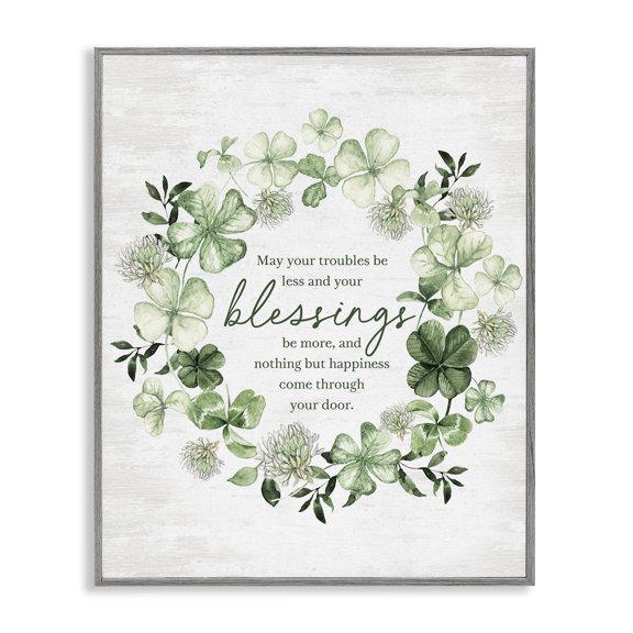 Stupell Industries Clover Wreath Blessing Botanical & Floral Painting Gray Framed Art Print Wall Art, 11 x 14