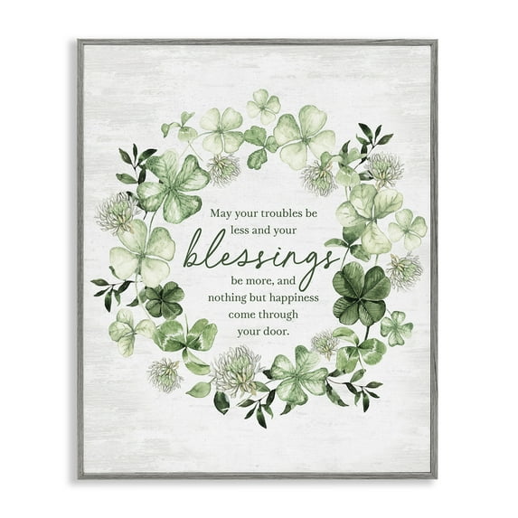 Stupell Industries Clover Wreath Blessing Botanical & Floral Painting Gray Framed Art Print Wall Art, 16 x 20