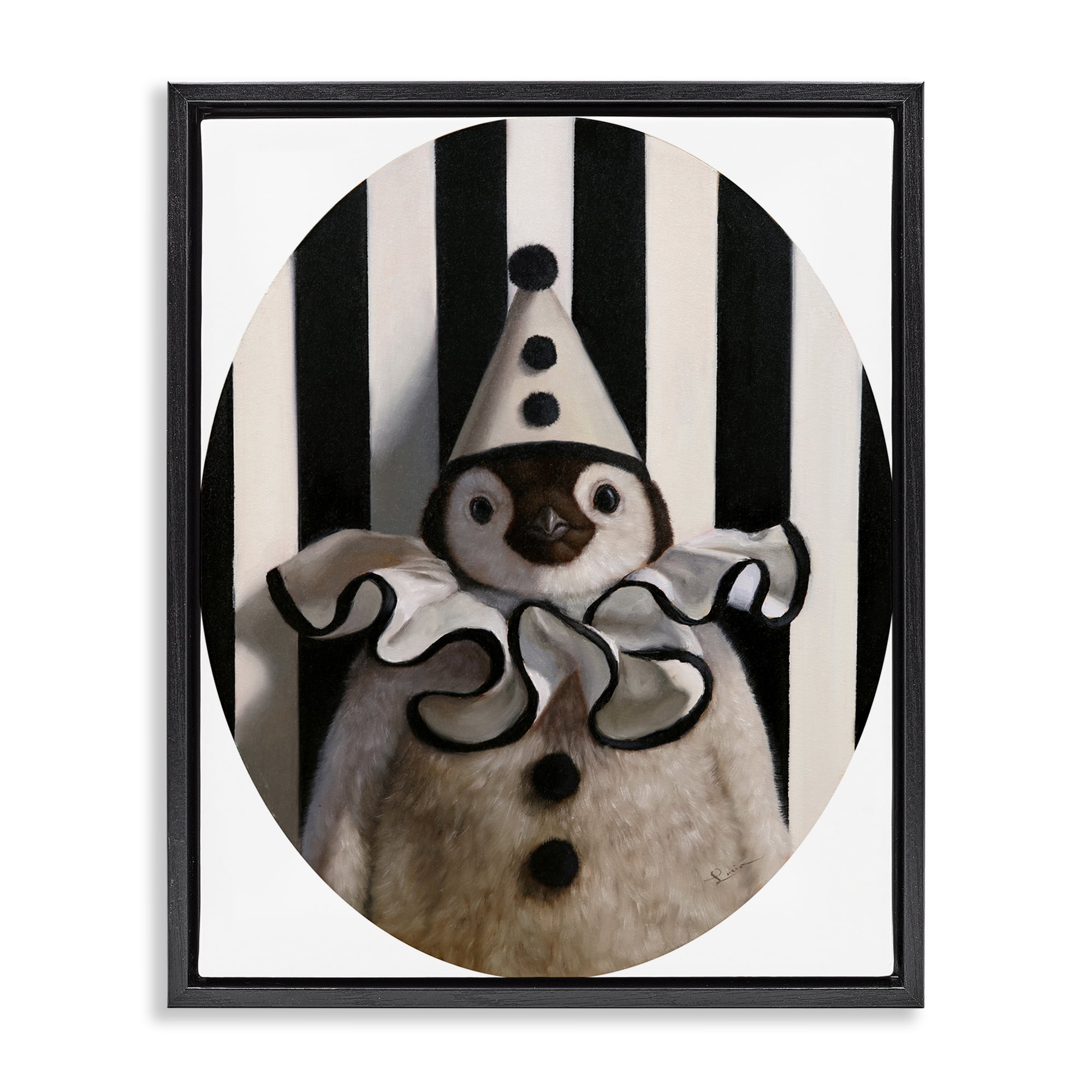 Stupell Industries Clown Themed Penguin Animals Painting Black Floater Framed Canvas Art Print Wall Art, 25 x 31