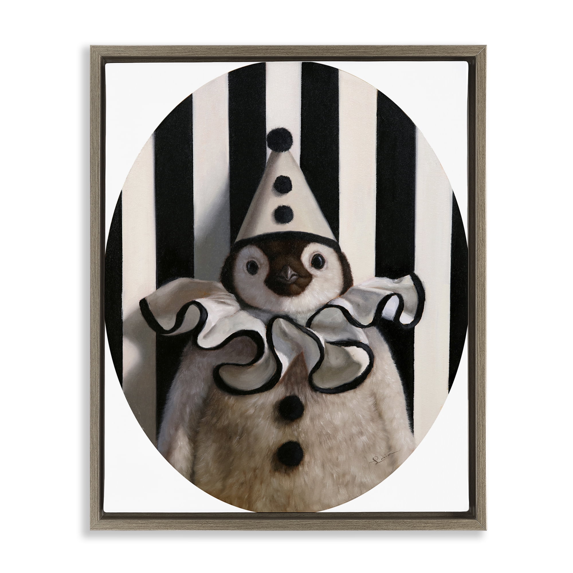 Stupell Industries Clown Themed Penguin Animals Painting Brown Floater Framed Canvas Art Print Wall Art, 17 x 21