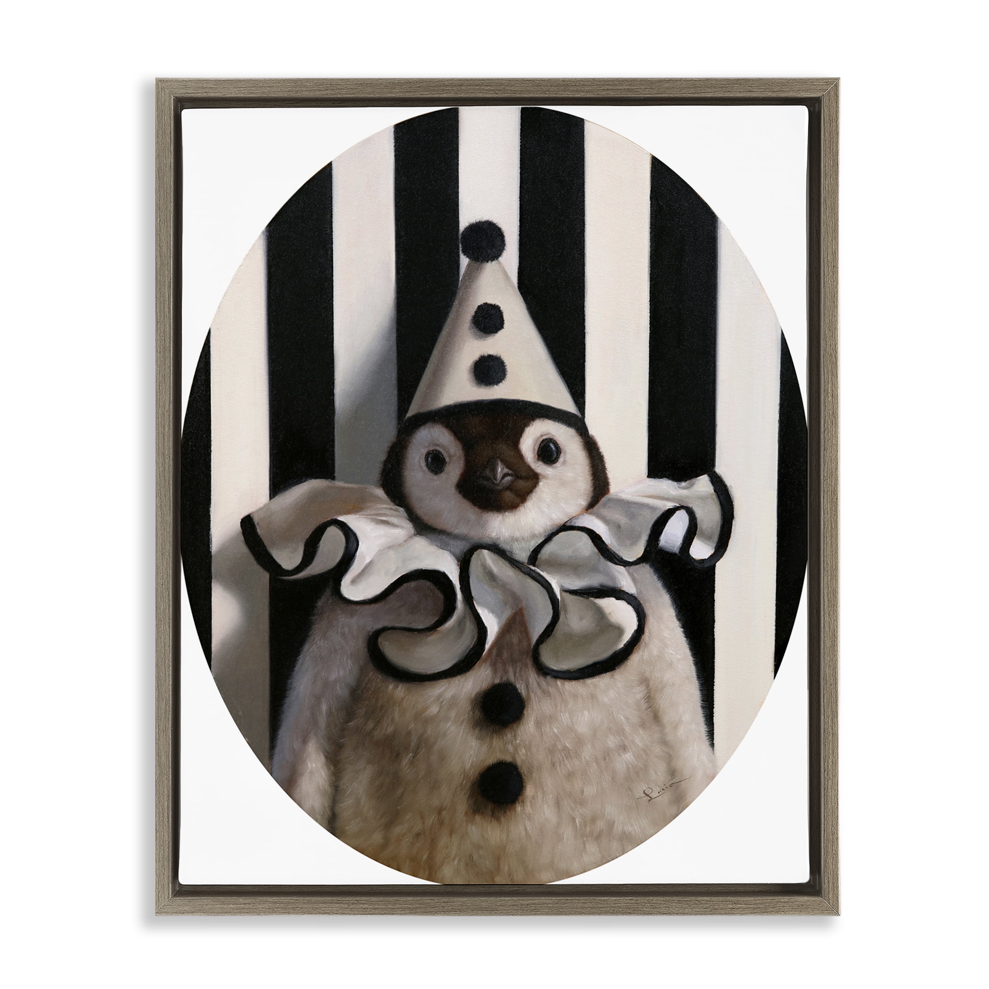 Stupell Industries Clown Themed Penguin Animals Painting Brown Floater Framed Canvas Art Print Wall Art, 25 x 31