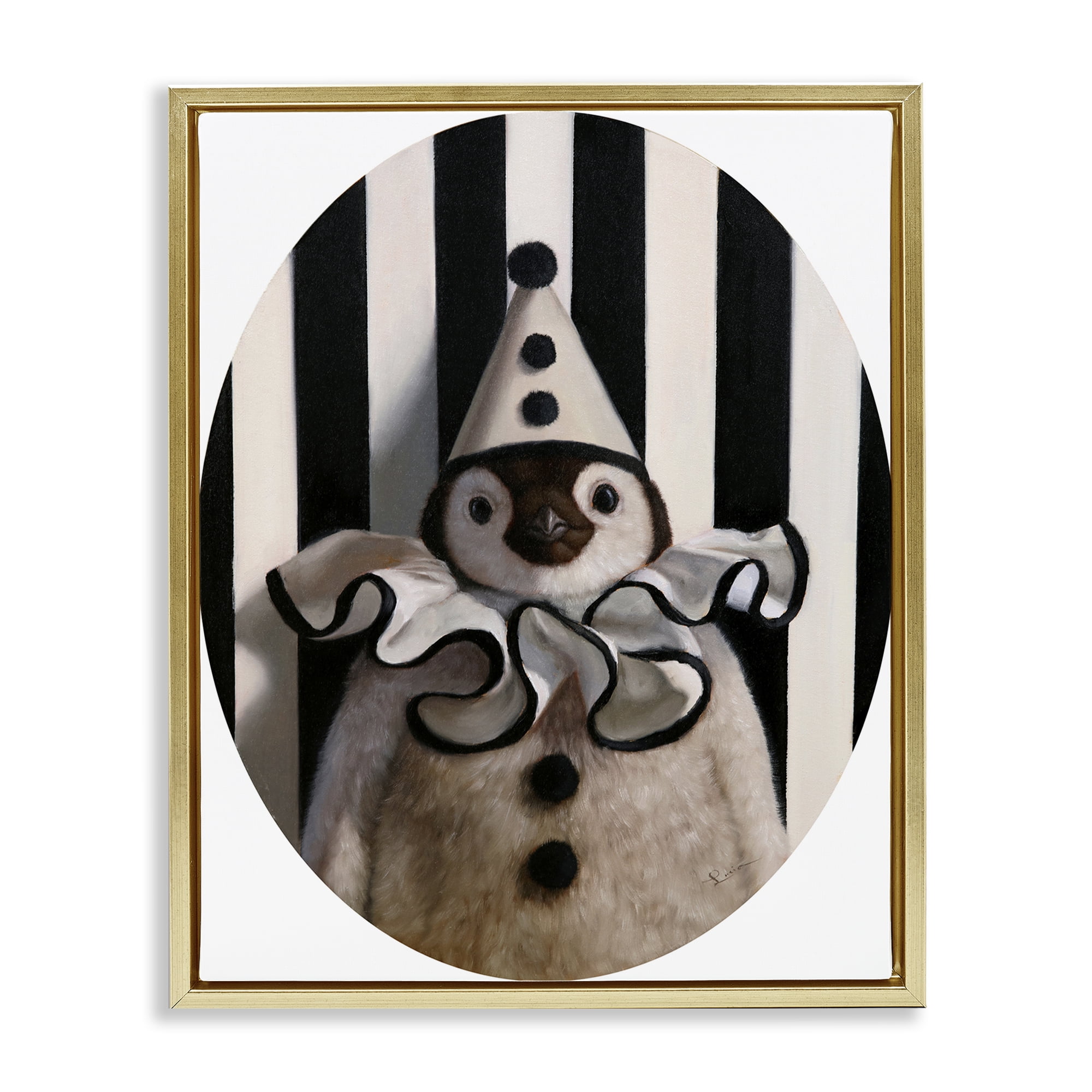 Stupell Industries Clown Themed Penguin Animals Painting Gold Floater Framed Canvas Art Print Wall Art, 25 x 31
