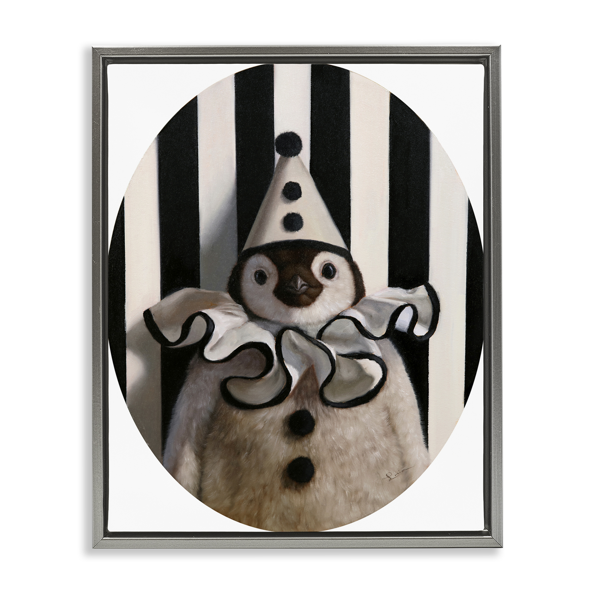Stupell Industries Clown Themed Penguin Animals Painting Gray Floater Framed Canvas Art Print Wall Art, 25 x 31