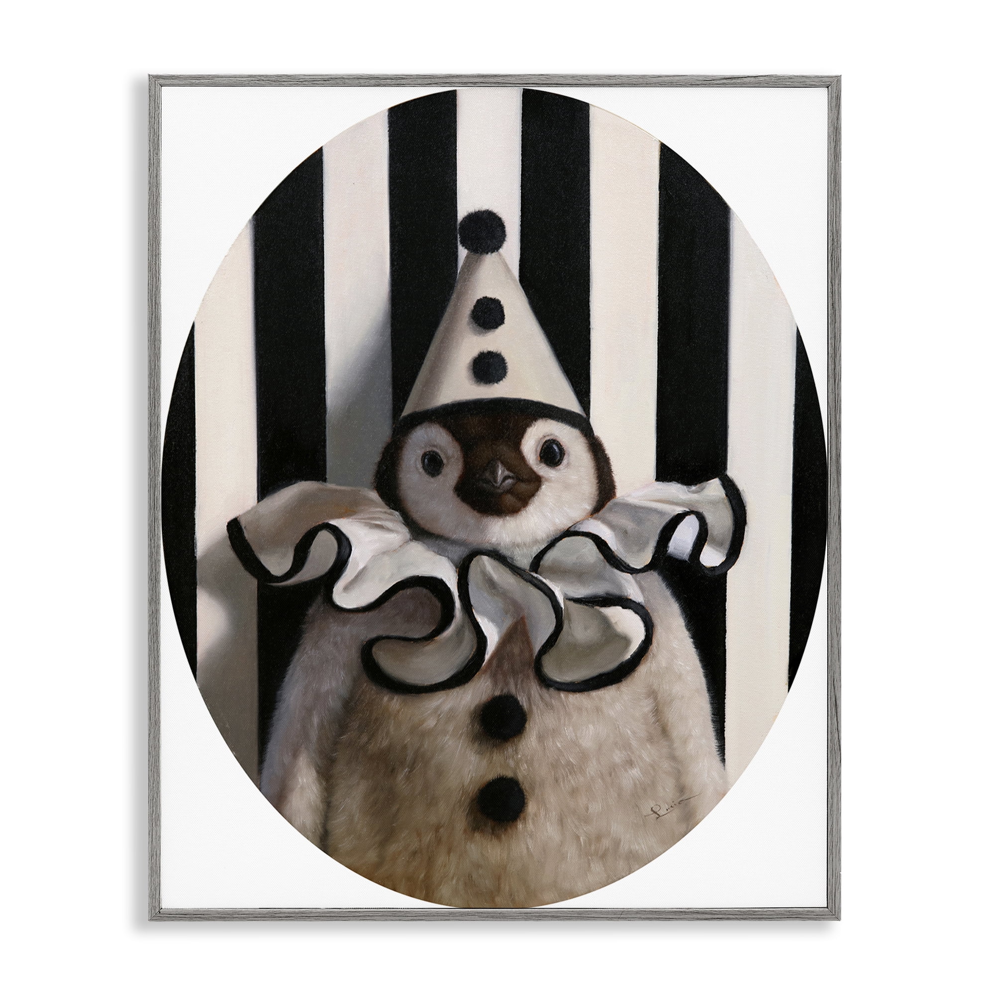 Stupell Industries Clown Themed Penguin Animals Painting Gray Framed Art Print Wall Art, 11 x 14