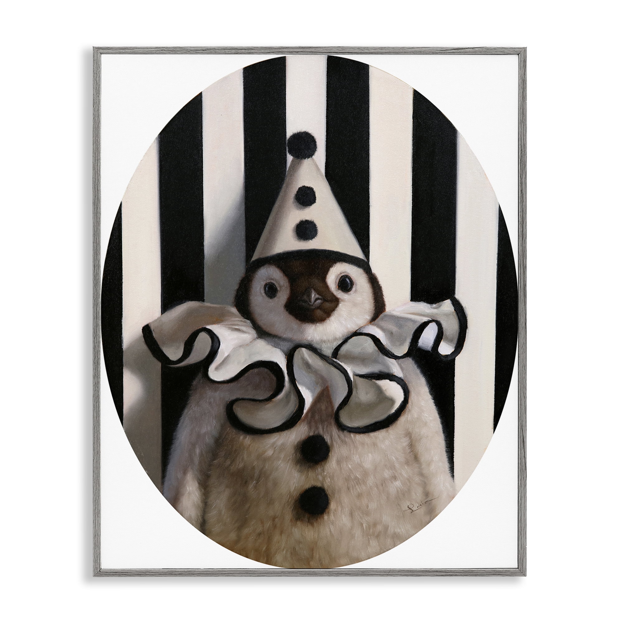 Stupell Industries Clown Themed Penguin Animals Painting Gray Framed Art Print Wall Art, 24 x 30