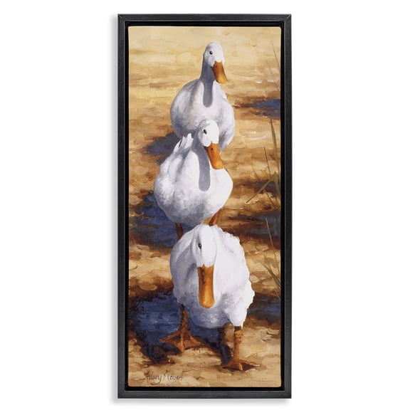 Stupell Industries Cluck Queue Duck Trio Animals Painting Black Floater Framed Canvas Art Print Wall Art, 11 x 25