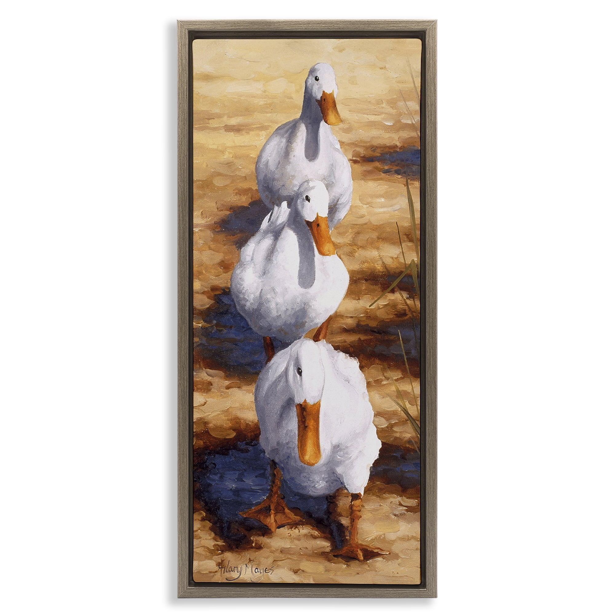 Stupell Industries Cluck Queue Duck Trio Animals Painting Brown Floater Framed Canvas Art Print Wall Art, 11 x 25