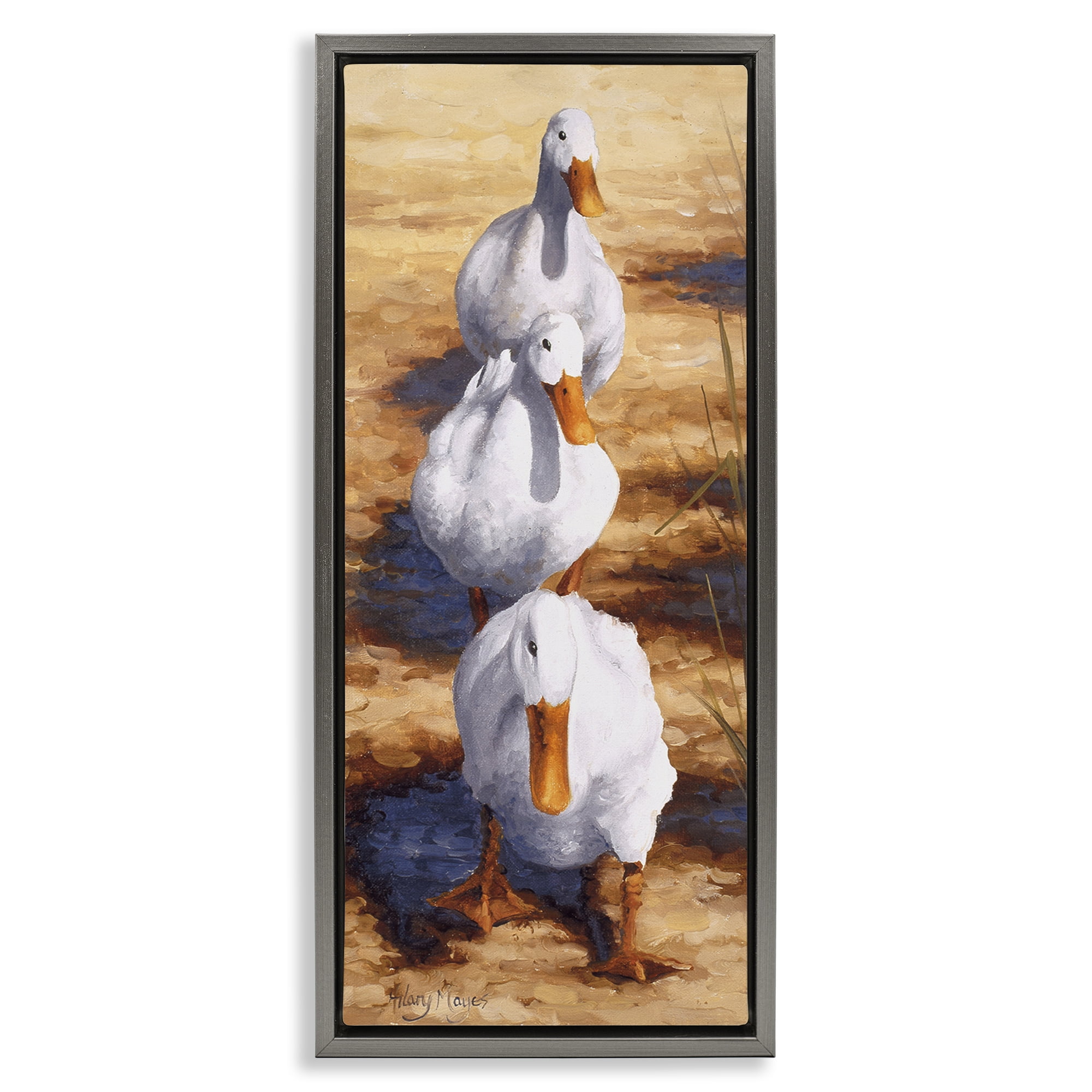 Stupell Industries Cluck Queue Duck Trio Animals Painting Gray Floater Framed Canvas Art Print Wall Art, 11 x 25