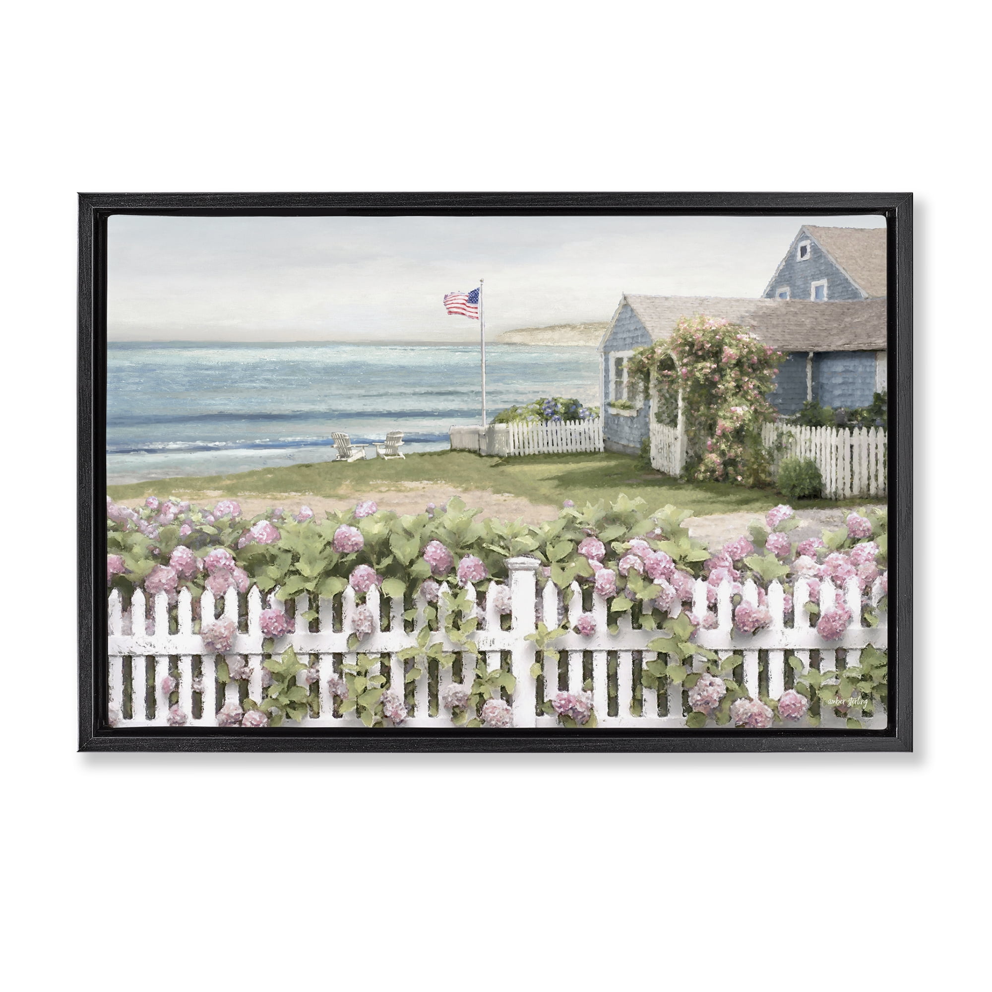 Stupell Industries Coastal Bay Cottage Landscape & Nature Painting Black Floater Framed Canvas Art Print Wall Art, 31 x 21