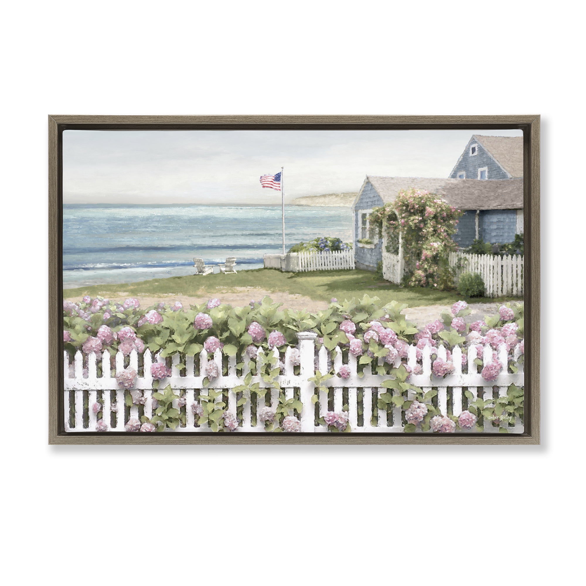 Stupell Industries Coastal Bay Cottage Landscape & Nature Painting Brown Floater Framed Canvas Art Print Wall Art, 25 x 17