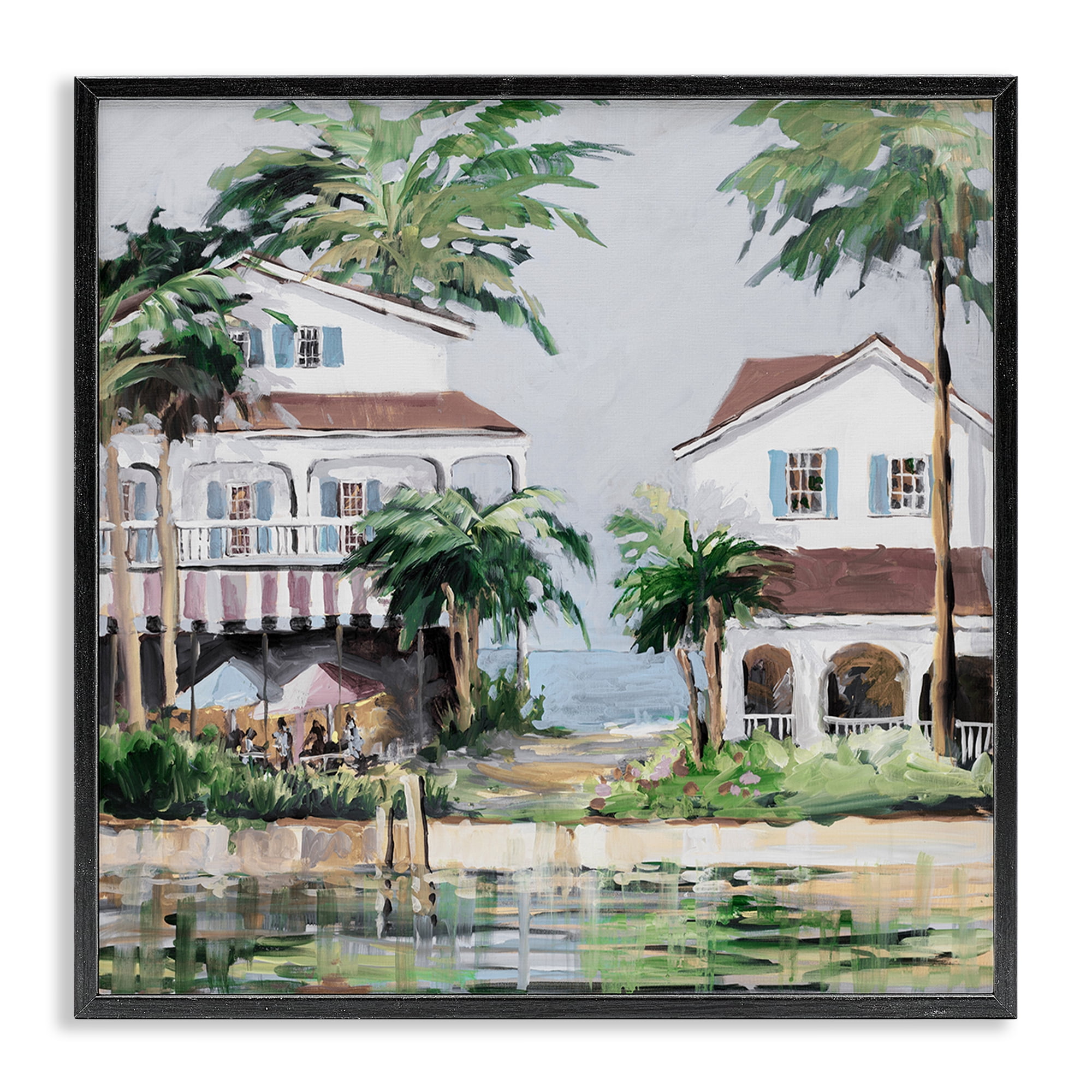 Stupell Industries Coastal Bay Cottages Coastal Painting Black Framed Art Print Wall Art, 12 x 12