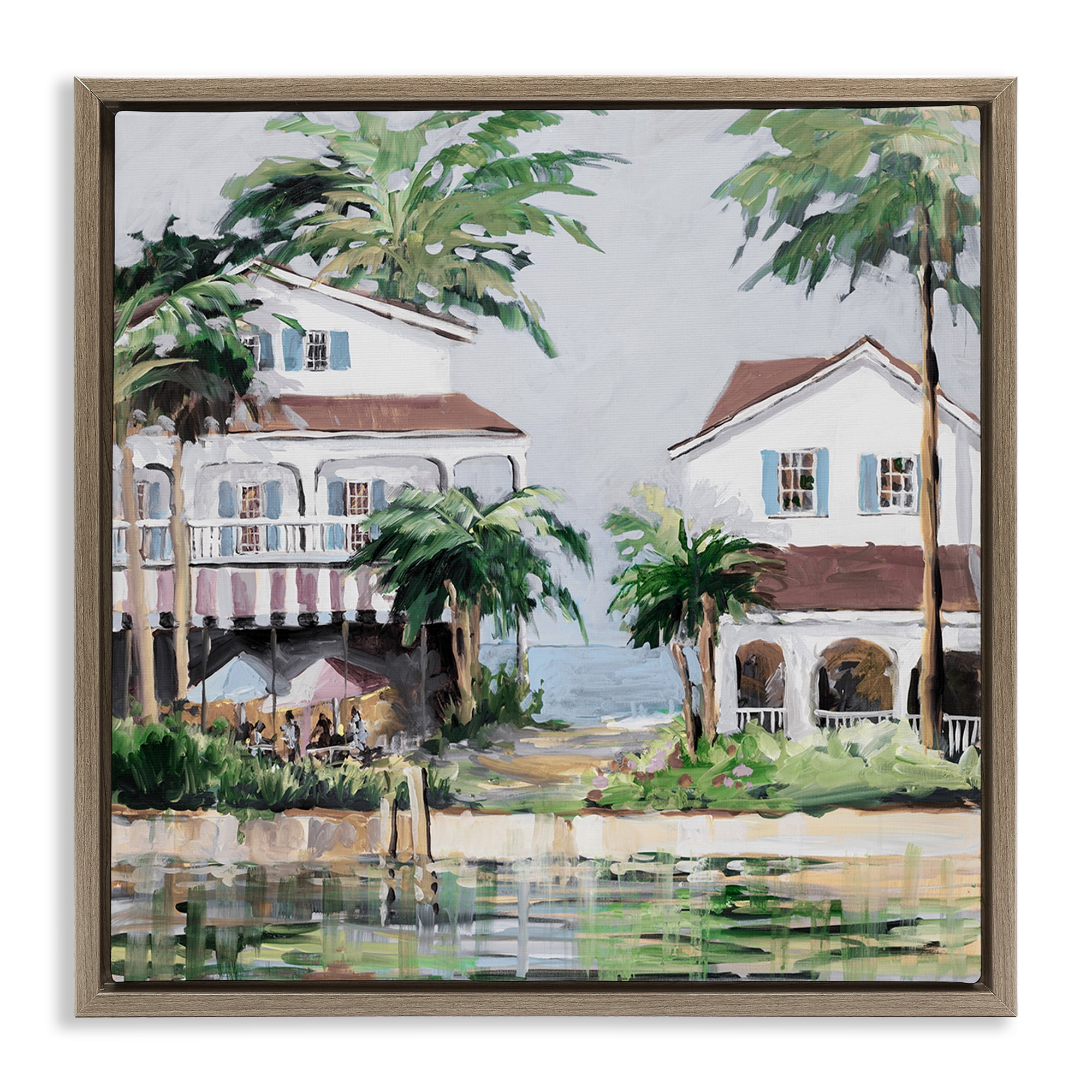 Stupell Industries Coastal Bay Cottages Coastal Painting Brown Floater Framed Canvas Art Print Wall Art, 25 x 25