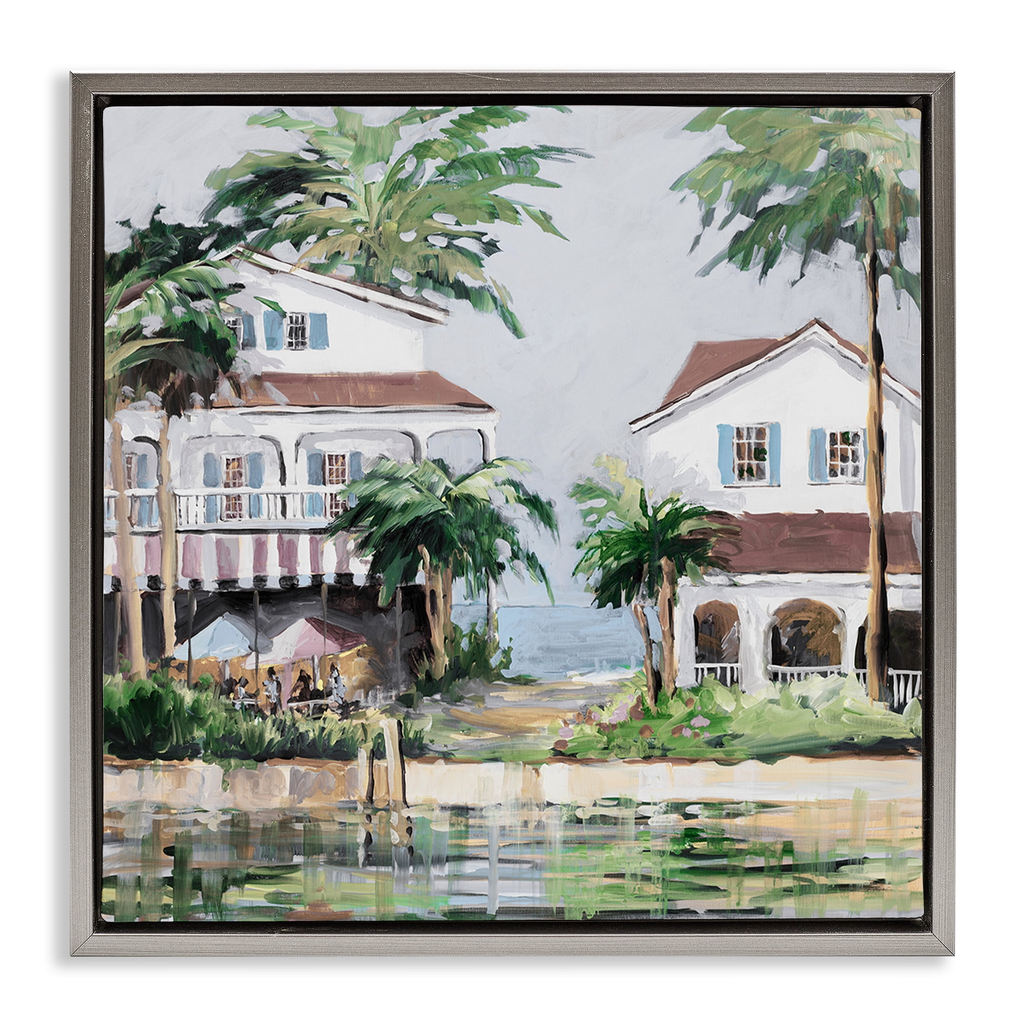 Stupell Industries Coastal Bay Cottages Coastal Painting Gray Floater Framed Canvas Art Print Wall Art, 18 x 18