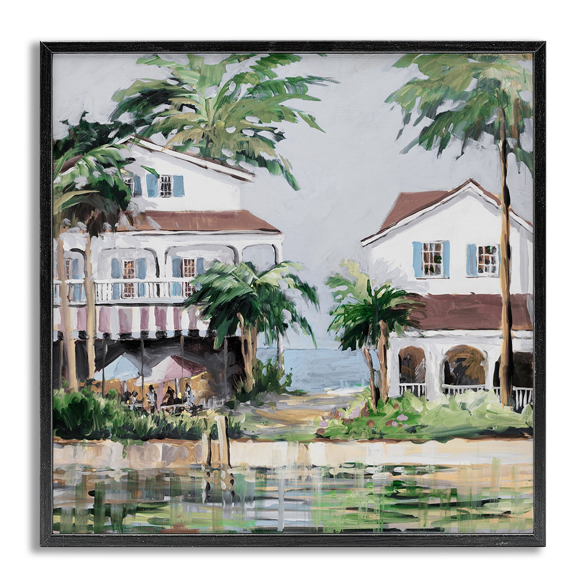 Stupell Industries Coastal Bay Cottages Coastal Painting Gray Framed Art Print Wall Art, 24 x 24