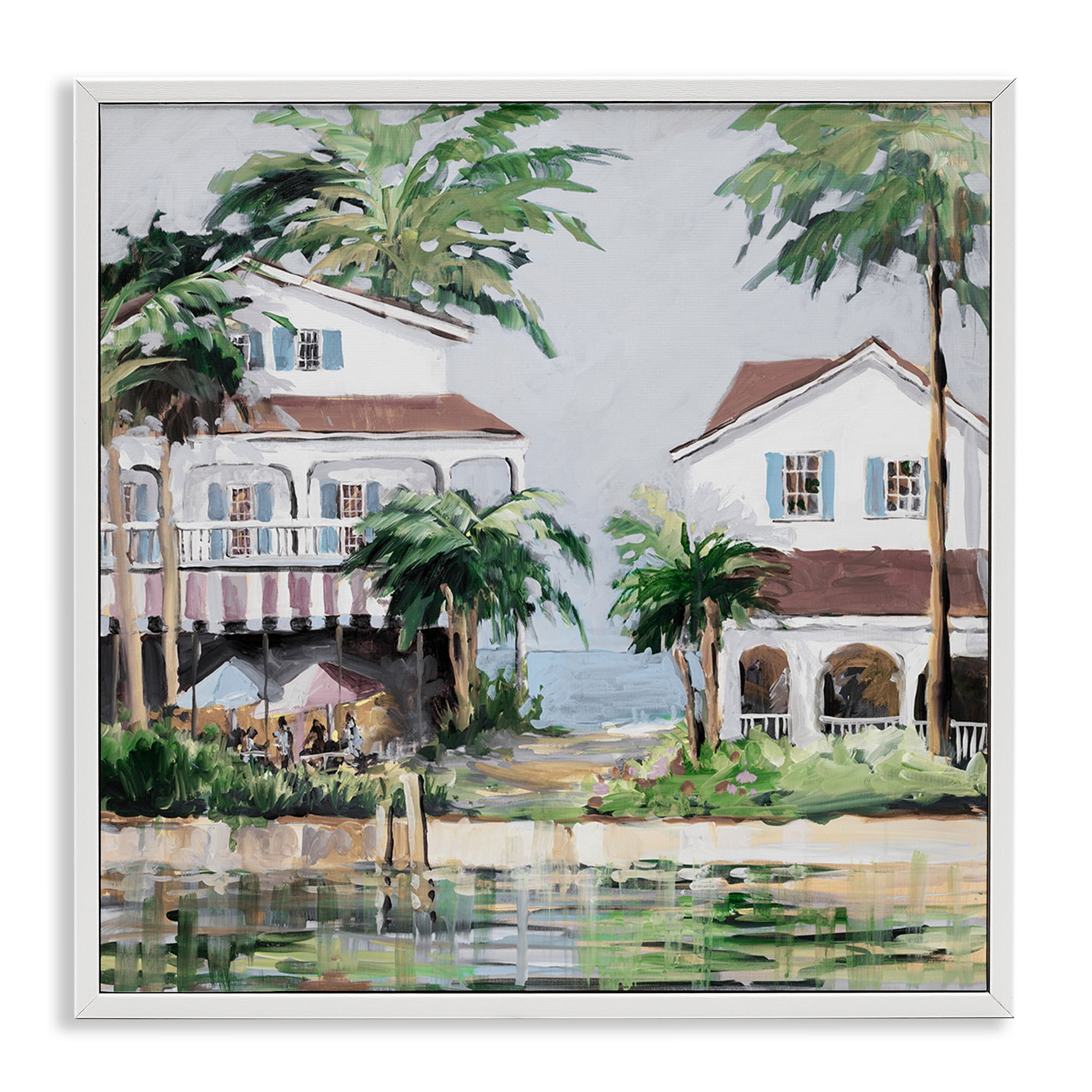 Stupell Industries Coastal Bay Cottages Coastal Painting White Framed Art Print Wall Art, 17 x 17