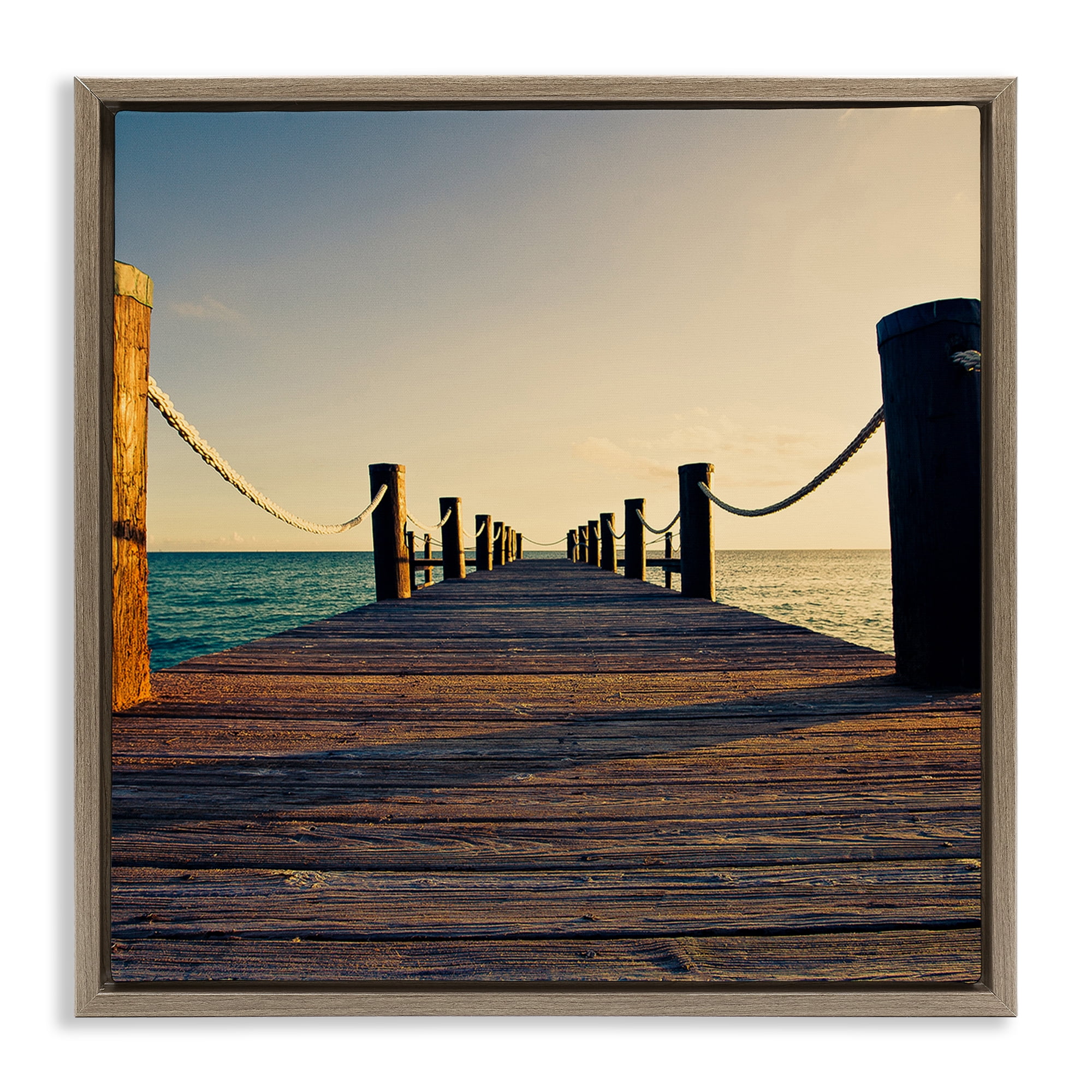 Stupell Industries Coastal Beach Dock Nautical & Beach Photography Brown Floater Framed Canvas Art Print Wall Art, 18 x 18