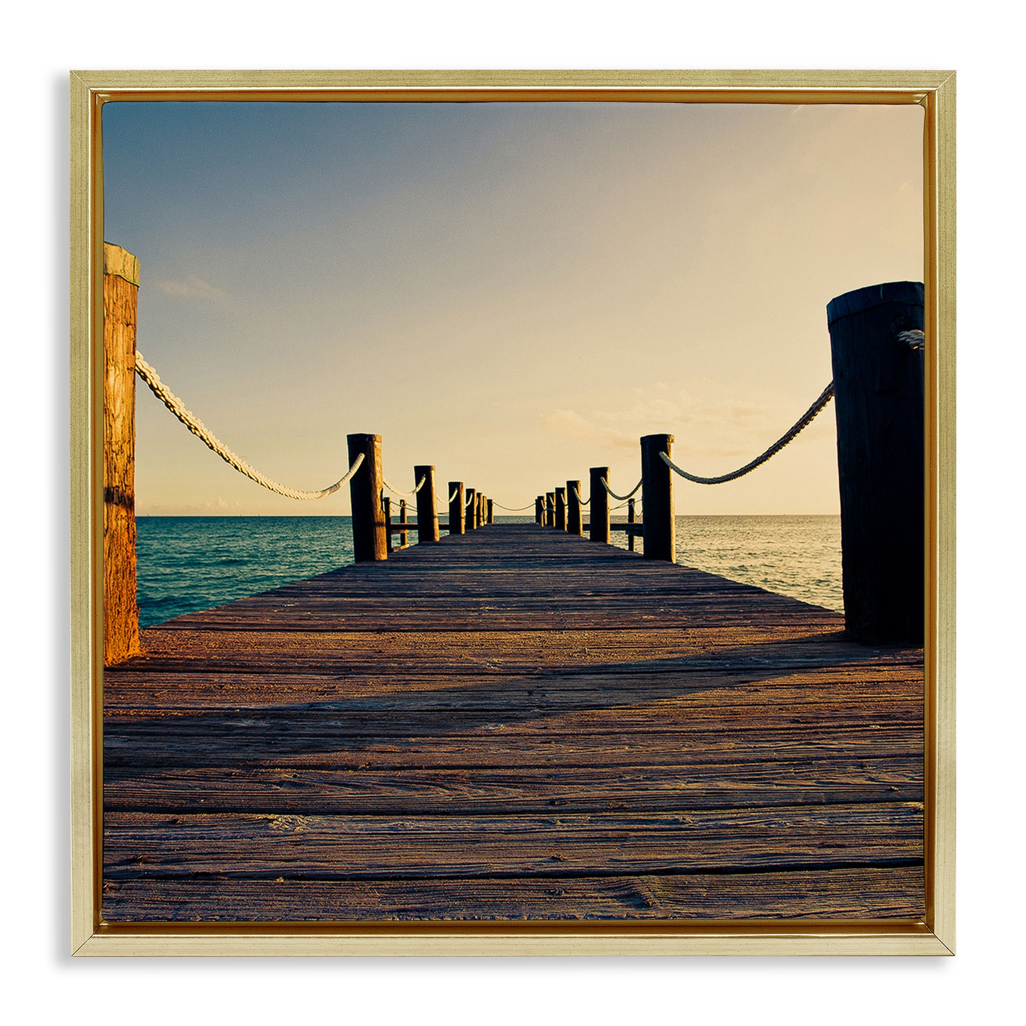 Stupell Industries Coastal Beach Dock Nautical & Beach Photography Gold Floater Framed Canvas Art Print Wall Art, 18 x 18