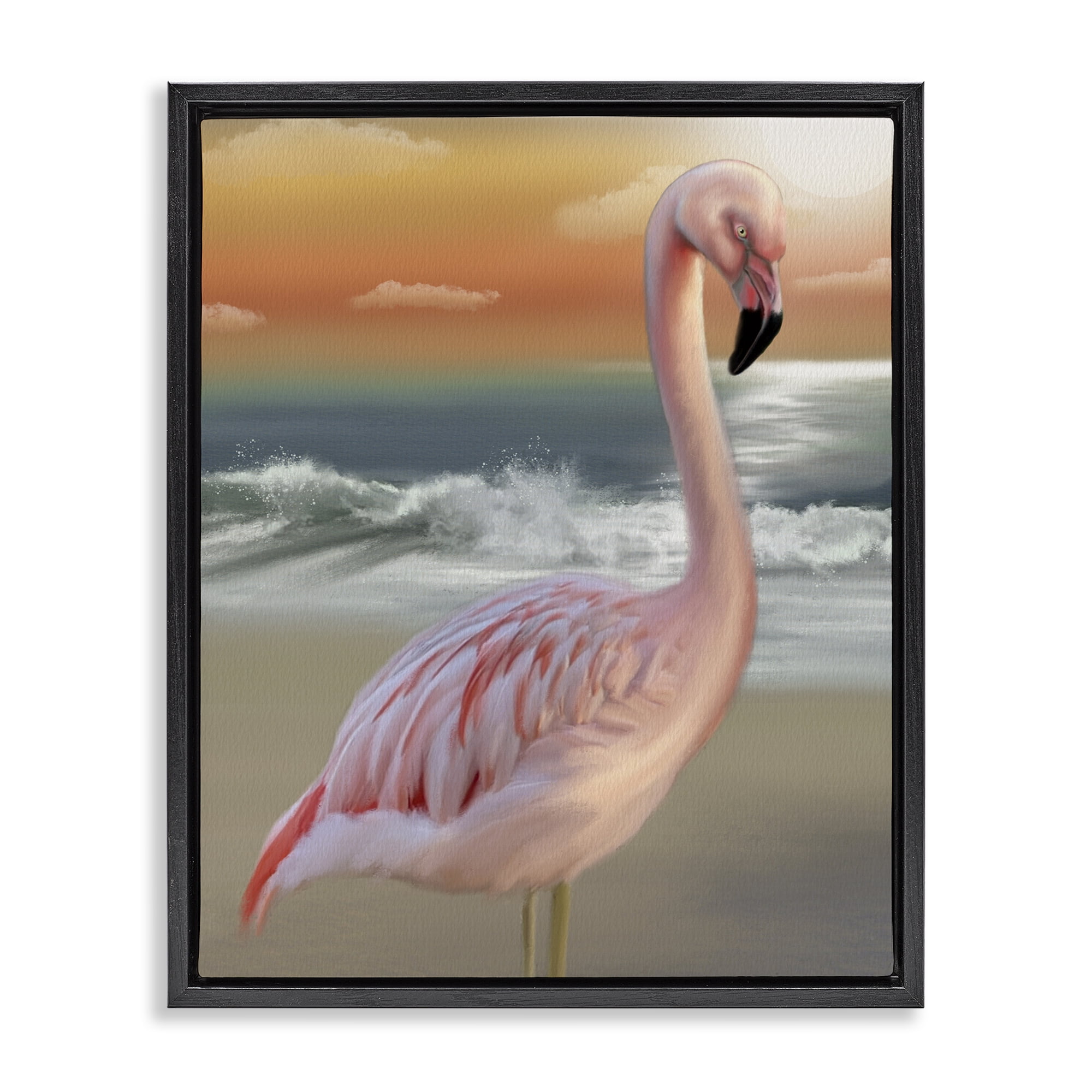 Stupell Industries Coastal Beach Flamingo Black Framed Floater Canvas Wall Art, design by Matthew Piotrowicz