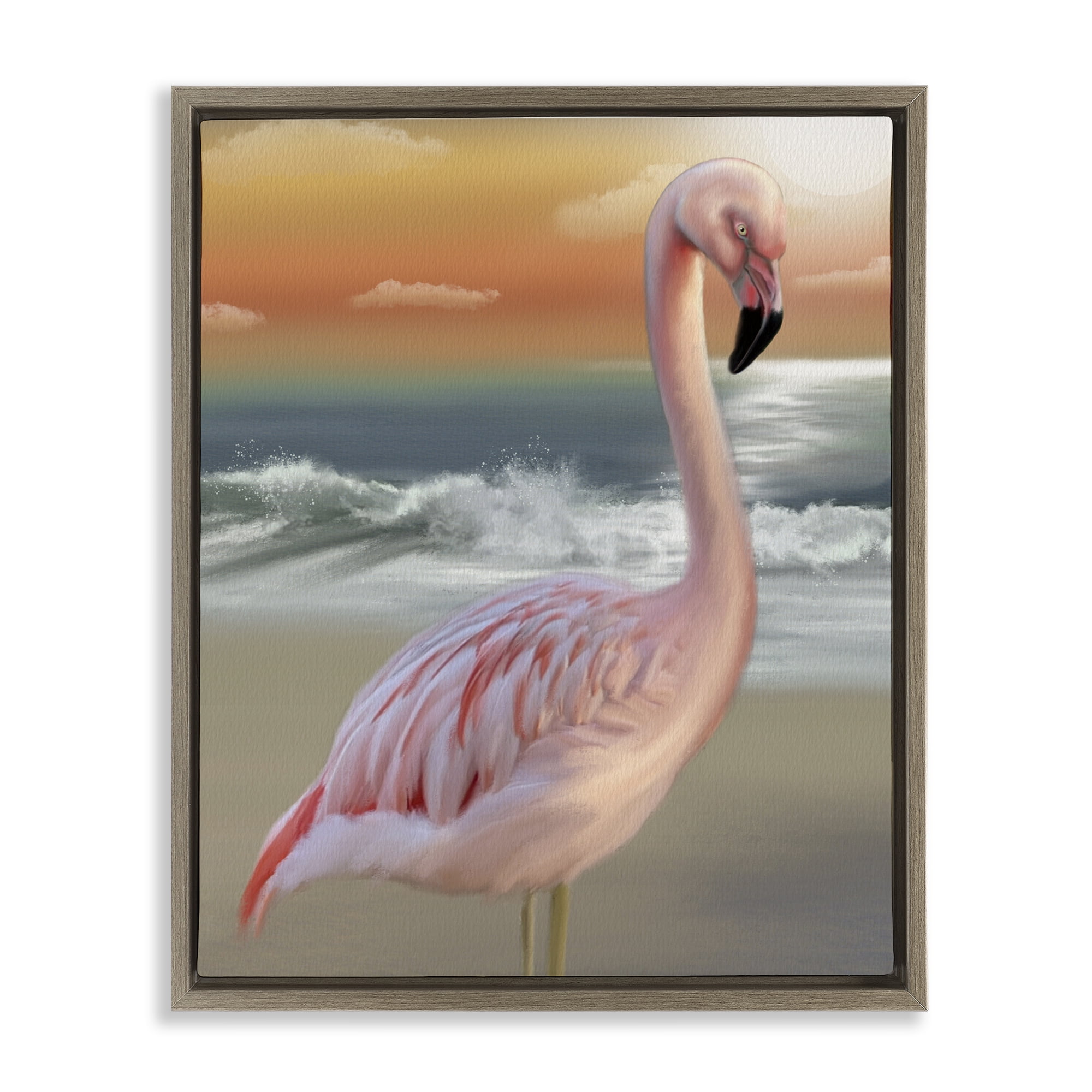 Stupell Industries Coastal Beach Flamingo Brown Framed Floater Canvas Wall Art, design by Matthew Piotrowicz