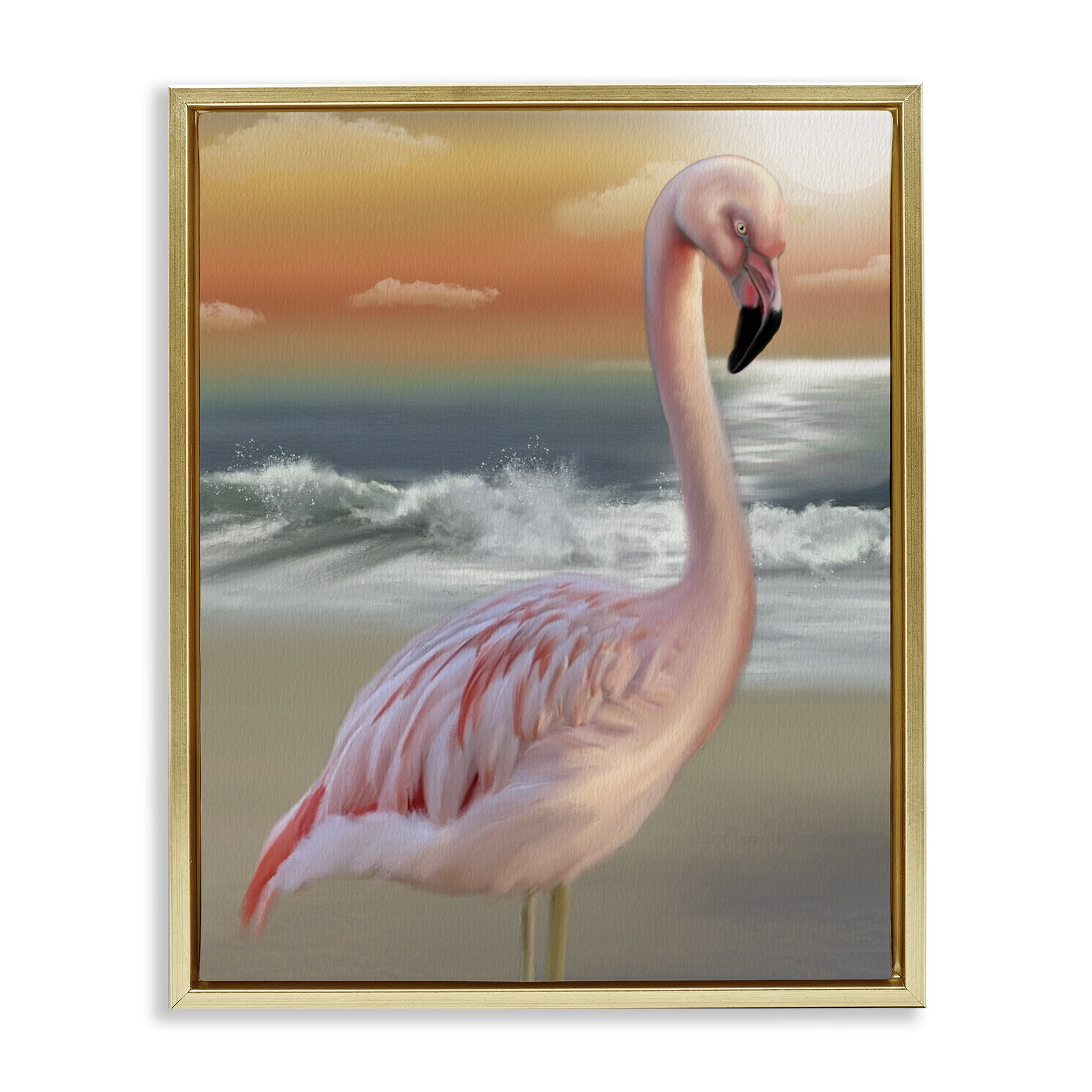 Stupell Industries Coastal Beach Flamingo Gold Framed Floater Canvas Wall Art, design by Matthew Piotrowicz