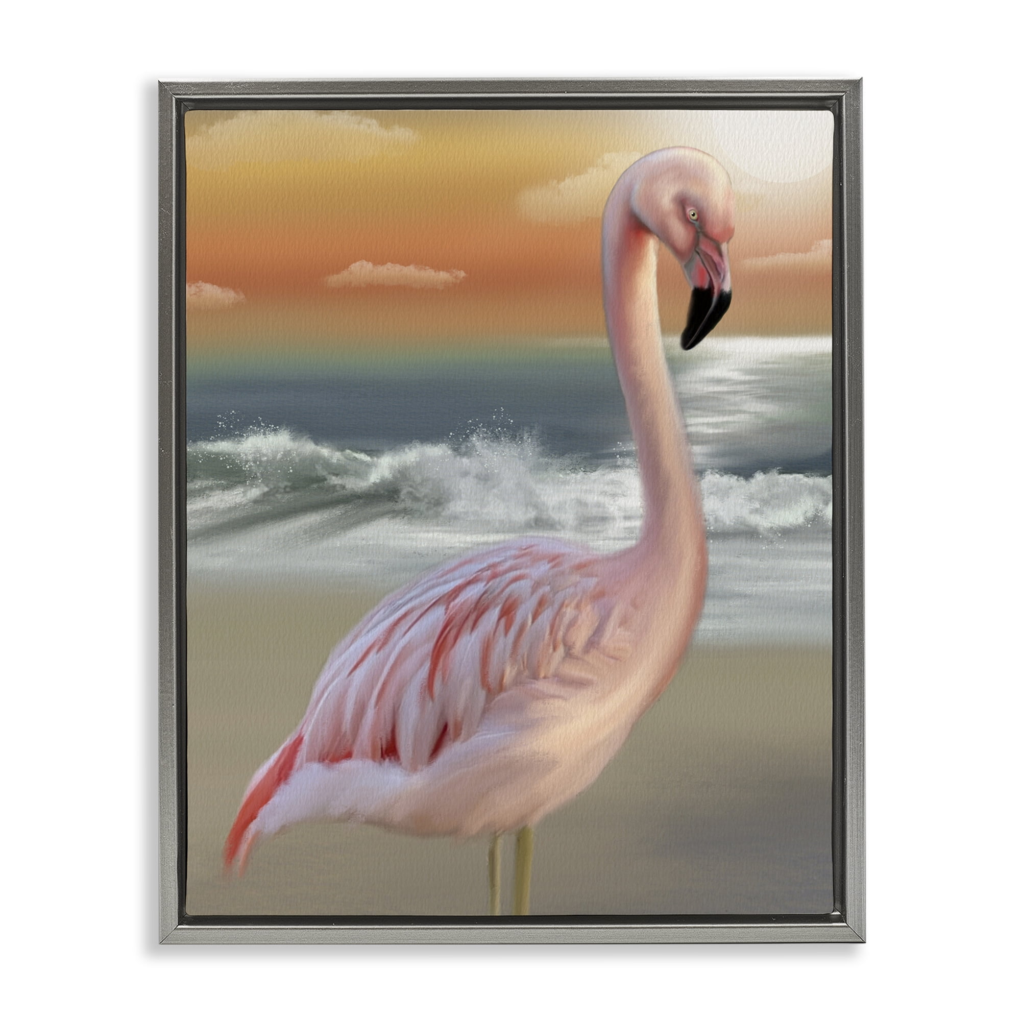 Stupell Industries Coastal Beach Flamingo Gray Framed Floater Canvas Wall Art, design by Matthew Piotrowicz