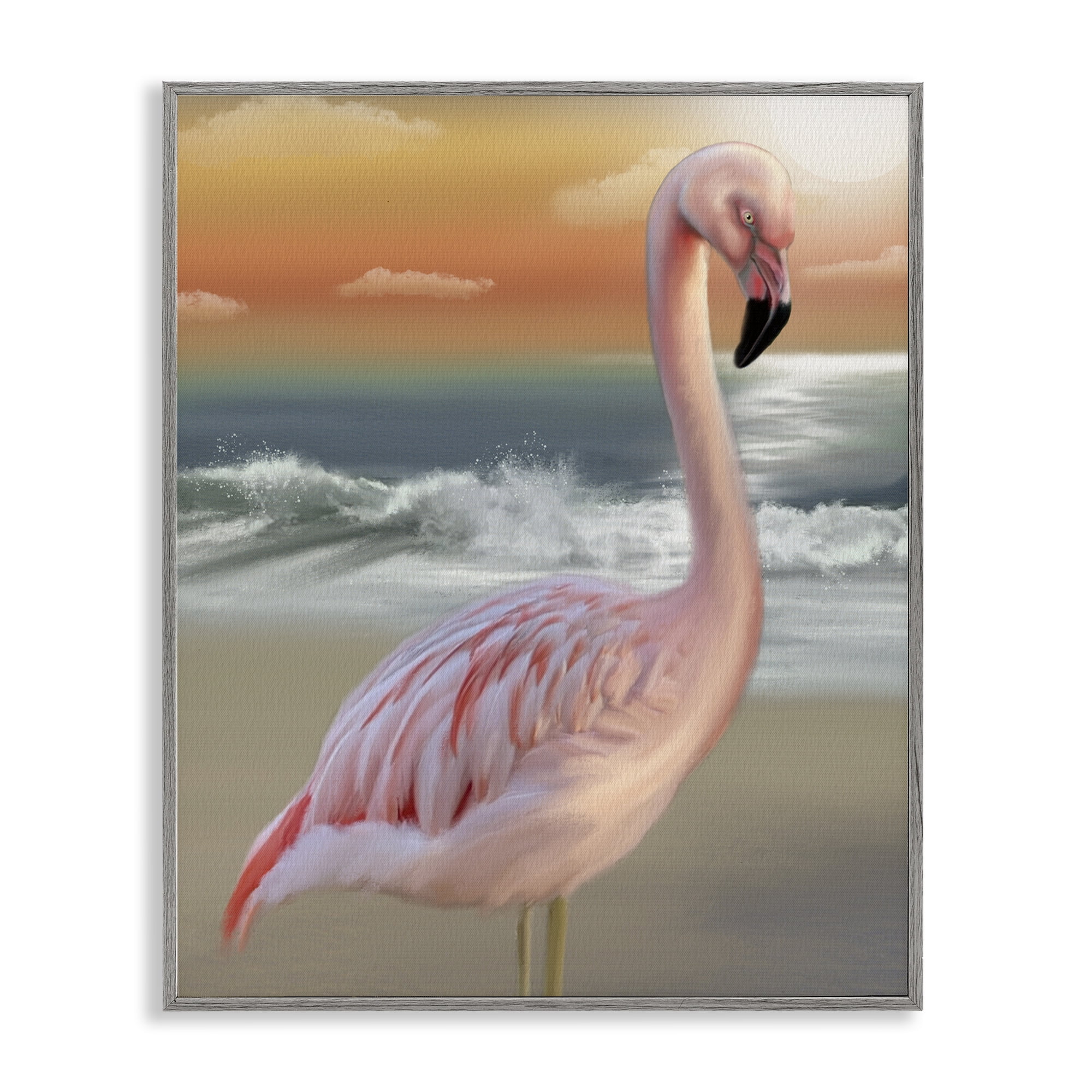 Stupell Industries Coastal Beach Flamingo Gray Framed Giclee Art, design by Matthew Piotrowicz