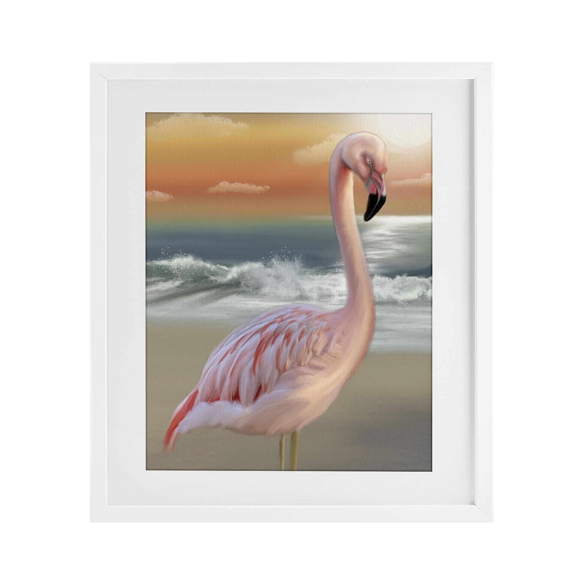 Stupell Industries Coastal Beach Flamingo White Framed Print Under Glass, design by Matthew Piotrowicz