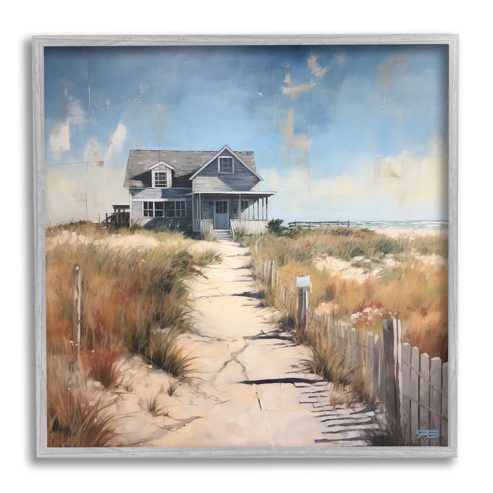 Gray Framed Coastal Beach House Landscape Canvas Print, 17" x 17"