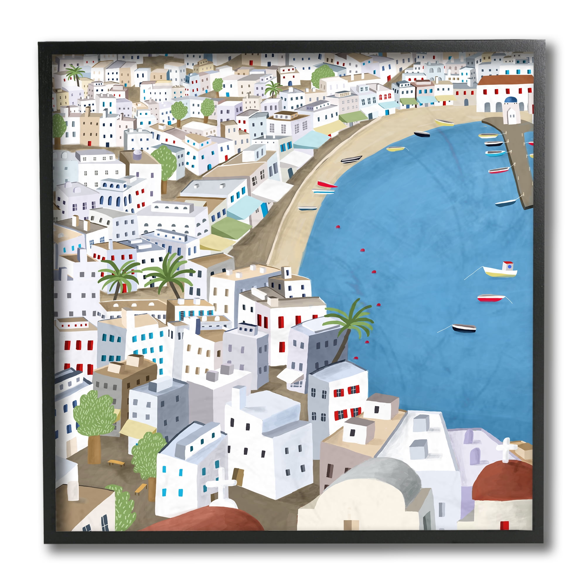 Stupell Industries Coastal Beach Mykonos Cityscape Greek Destination Black Framed, 12 x 12, Design by Carla Daly