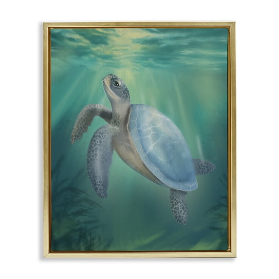 Stupell Industries Coastal Coastal Beach Sea Turtle Gold Floating Frame Canvas Art, 25 x 31, by Matthew Piotrowicz