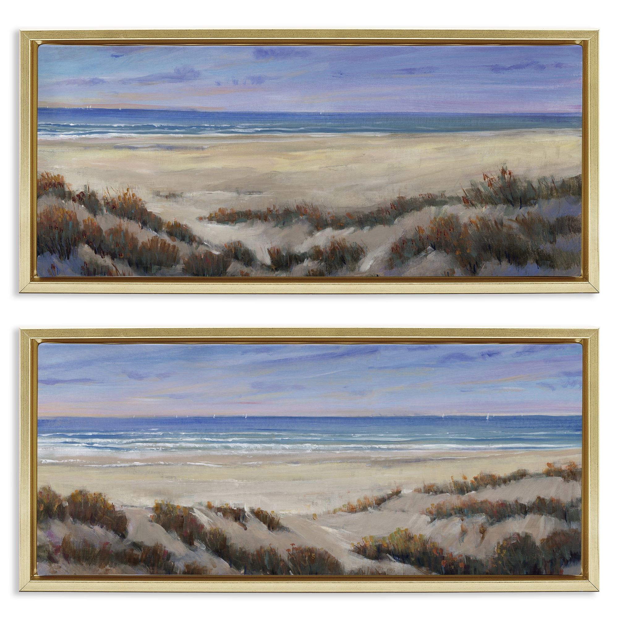 Stupell Industries Coastal Beach Terrain Landscape & Nature Painting Gold Floater Framed Canvas Art Print Wall Art, 31 x 14, Set of 2