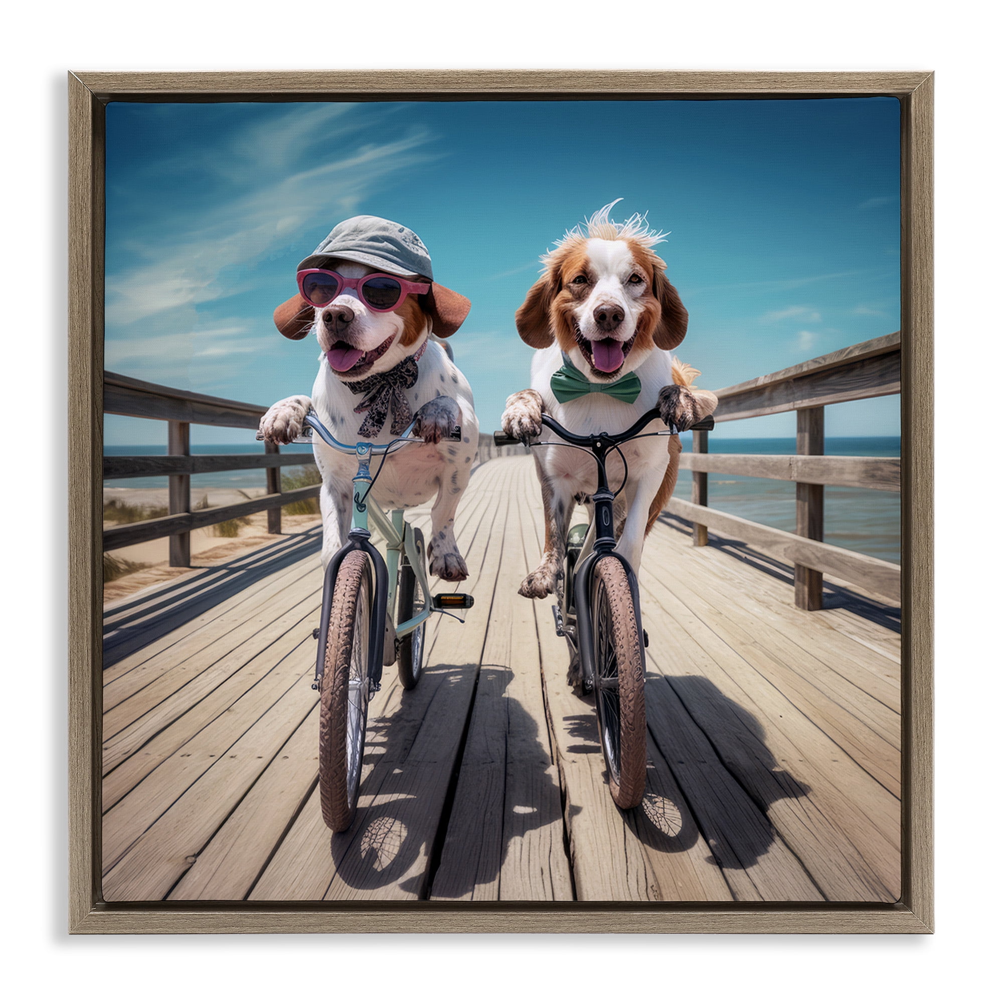 Stupell Industries Coastal Bicycle Dogs Animals & Insects Painting Brown Floater Framed Canvas Art Print Wall Art, 18 x 18