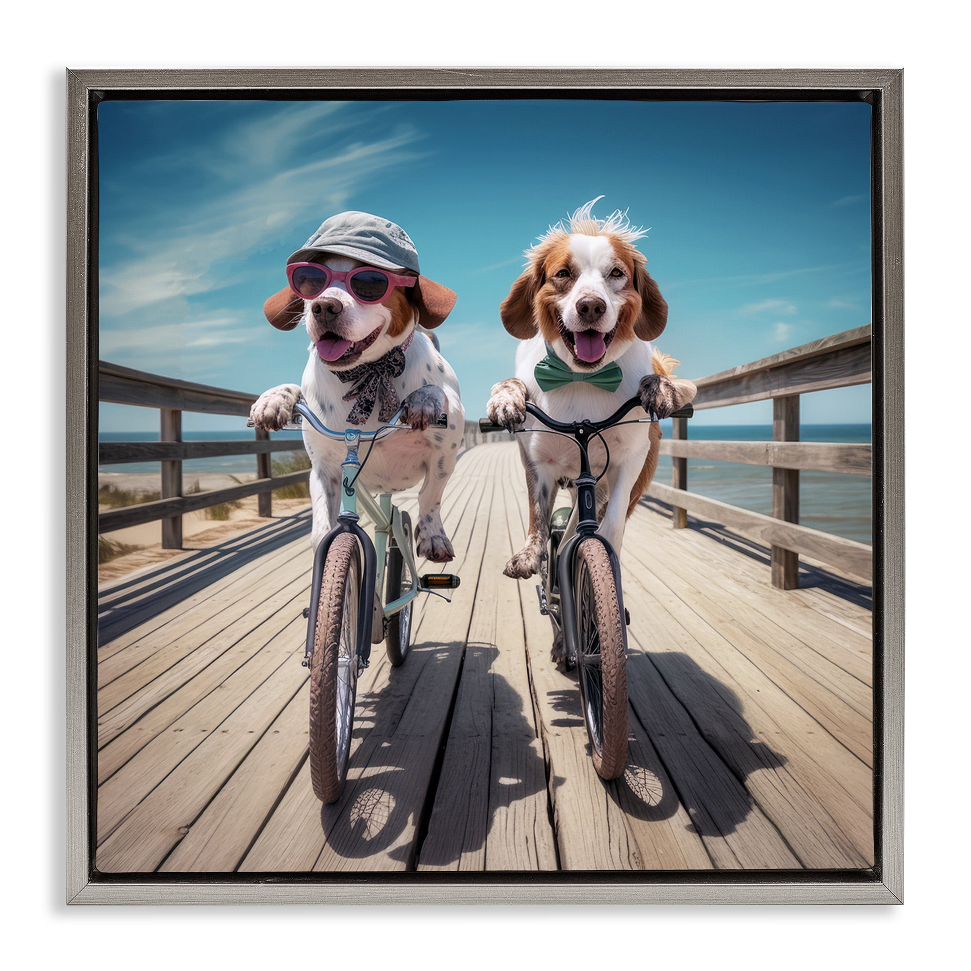 Stupell Industries Coastal Bicycle Dogs Animals & Insects Painting Gray Floater Framed Canvas Art Print Wall Art, 25 x 25