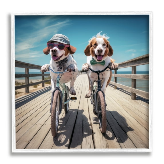 Stupell Industries Coastal Bicycle Dogs Animals & Insects Painting White Framed Art Print Wall Art, 17 x 17