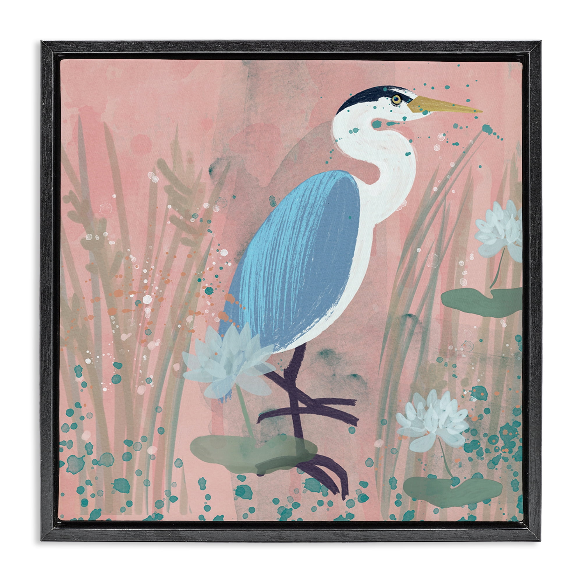 Stupell Industries Coastal Bird with Lotus Flowers Animals & Insects Painting Black Floater Framed Canvas Art Print Wall Art, 25 x 25