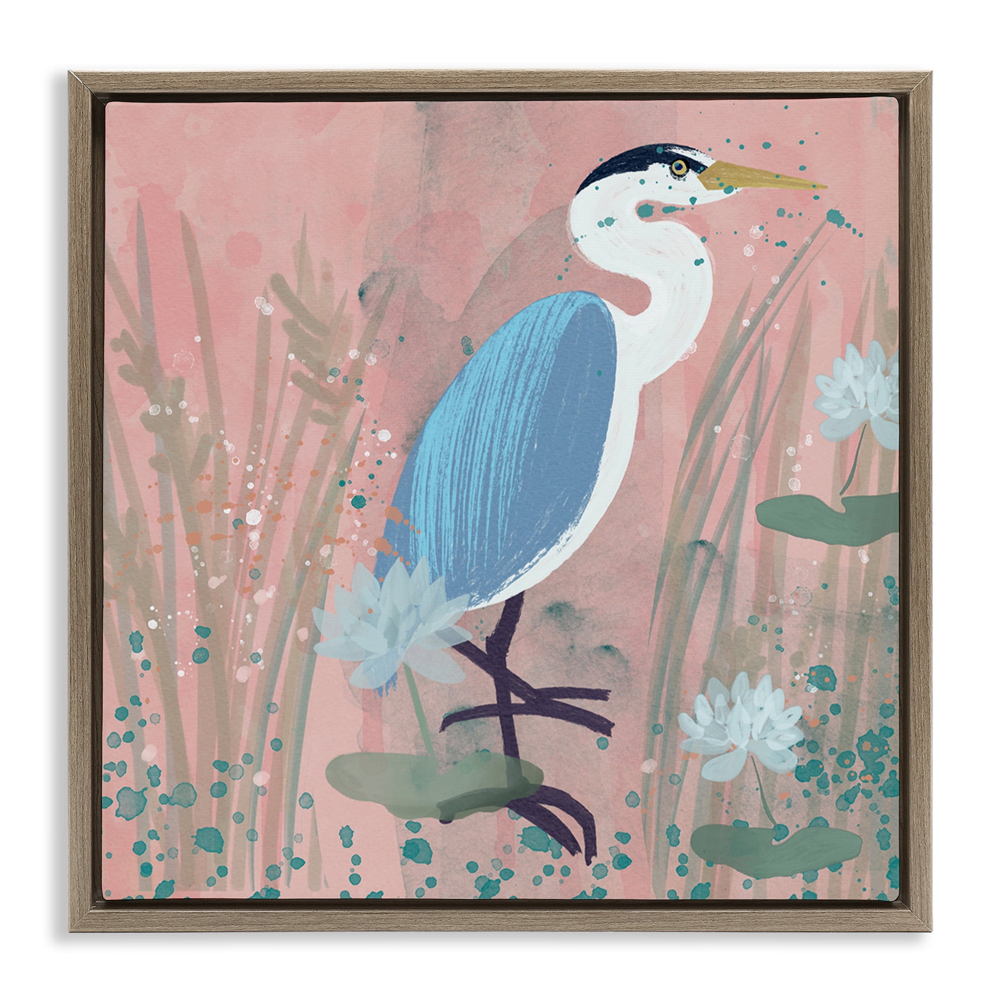 Stupell Industries Coastal Bird with Lotus Flowers Animals & Insects Painting Brown Floater Framed Canvas Art Print Wall Art, 25 x 25