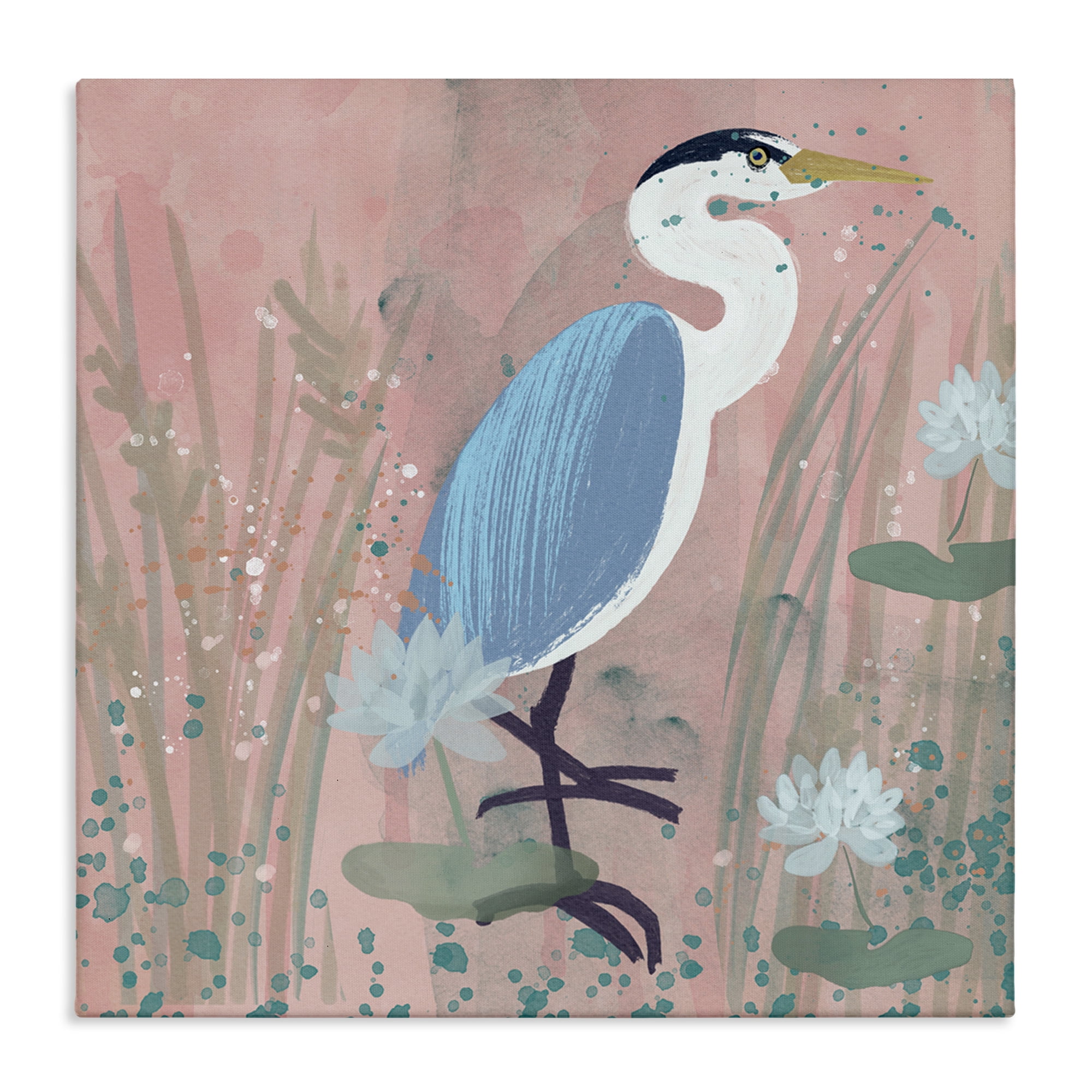 Stupell Industries Coastal Bird with Lotus Flowers Animals & Insects Painting Gallery Wrapped Canvas Art Print Wall Art, 17 x 17