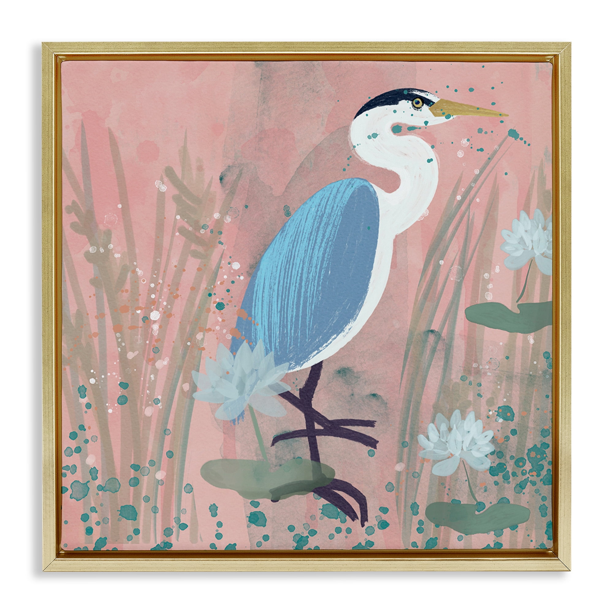 Stupell Industries Coastal Bird with Lotus Flowers Animals & Insects Painting Gold Floater Framed Canvas Art Print Wall Art, 18 x 18