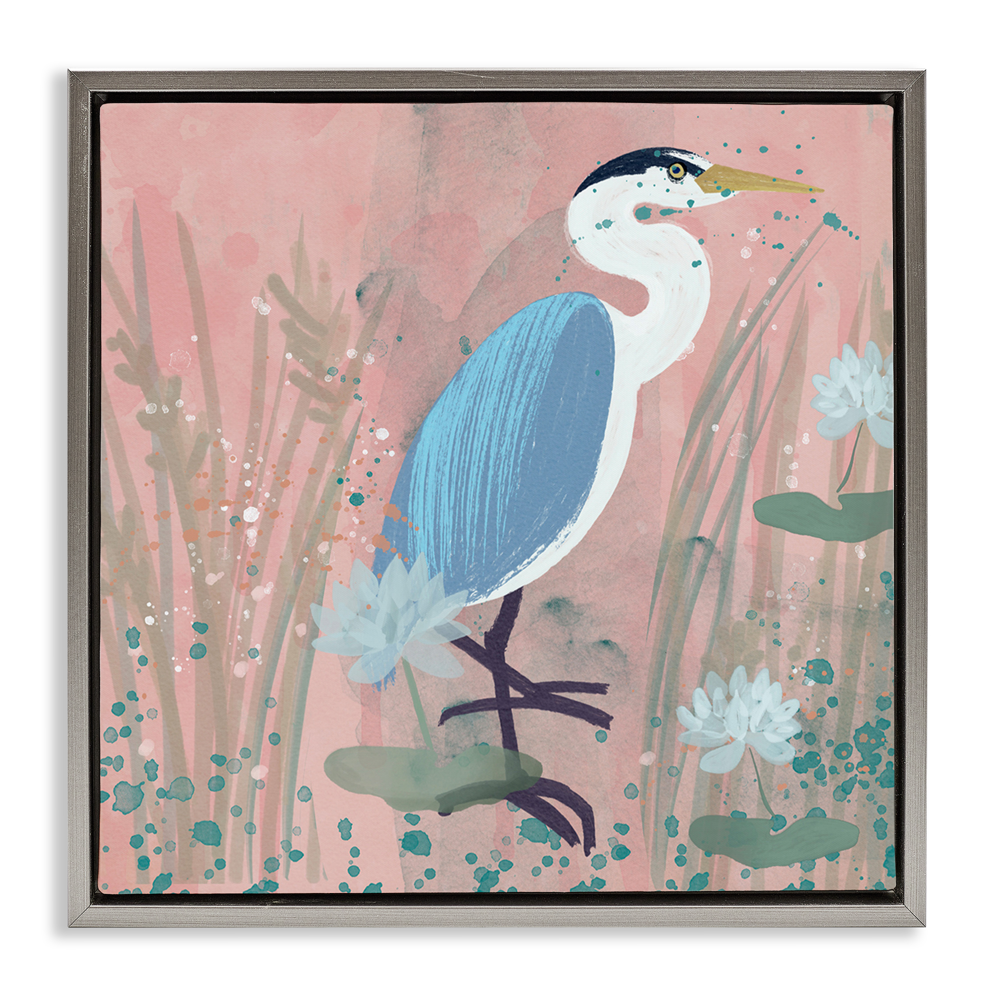 Stupell Industries Coastal Bird with Lotus Flowers Animals & Insects Painting Gray Floater Framed Canvas Art Print Wall Art, 18 x 18