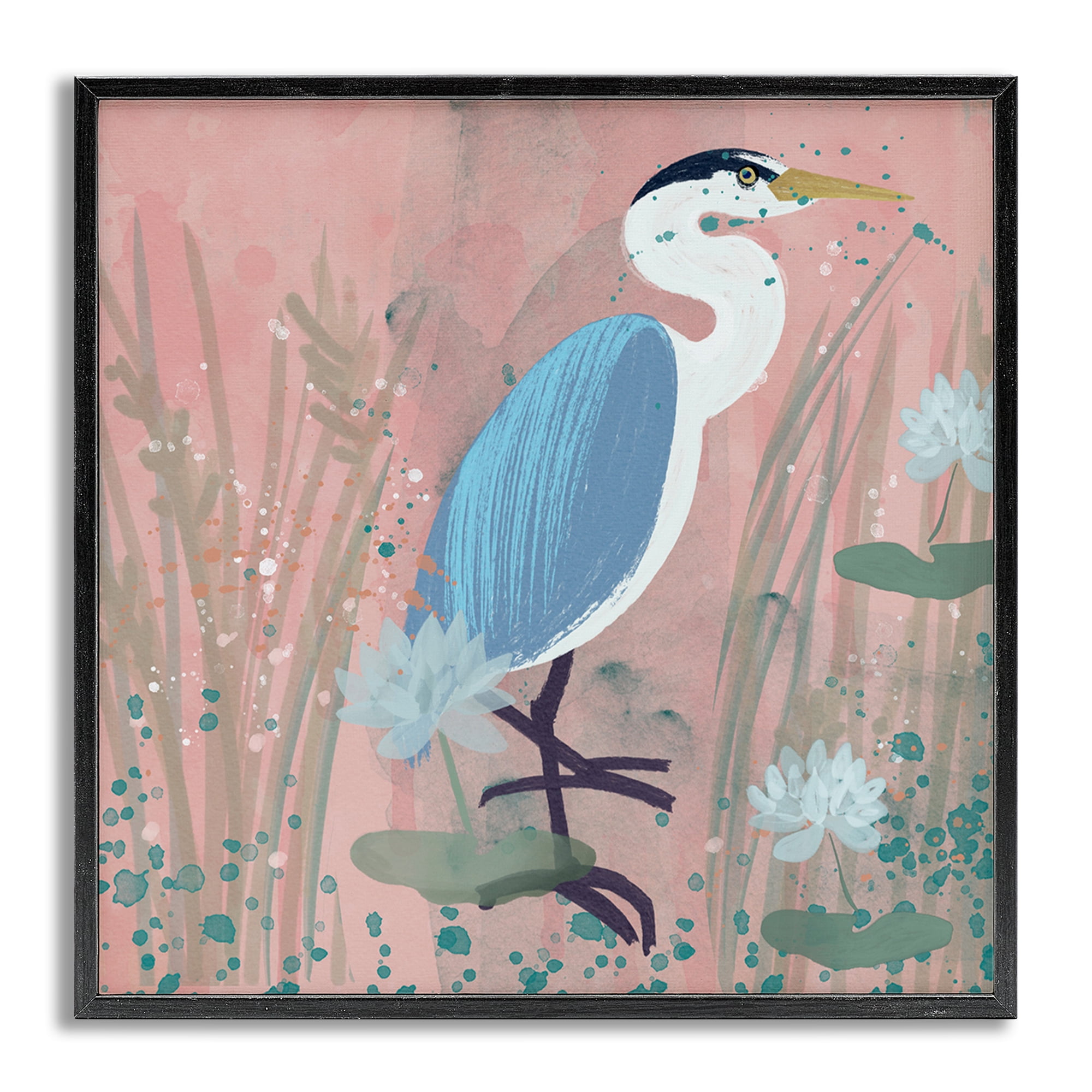 Stupell Industries Coastal Bird with Lotus Flowers Animals & Insects Painting Gray Framed Art Print Wall Art, 12 x 12