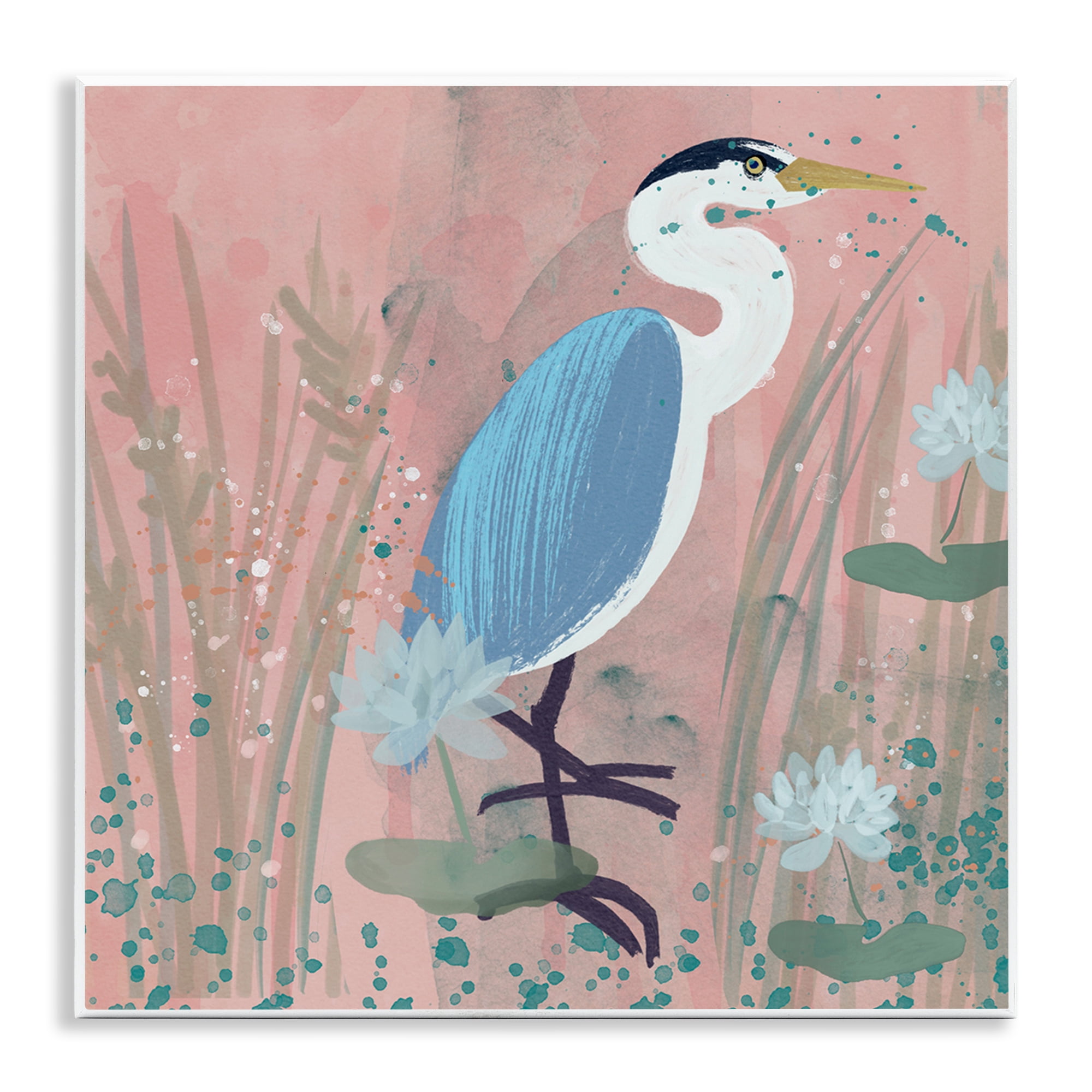 Stupell Industries Coastal Bird with Lotus Flowers Animals & Insects Painting Unframed Art Print Wall Art, 12 x 12